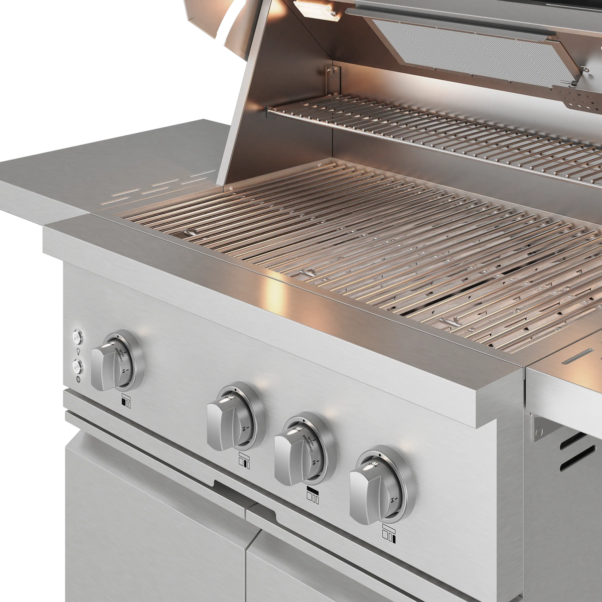 Stainless steel gas grill with open lid and cooking grates inside