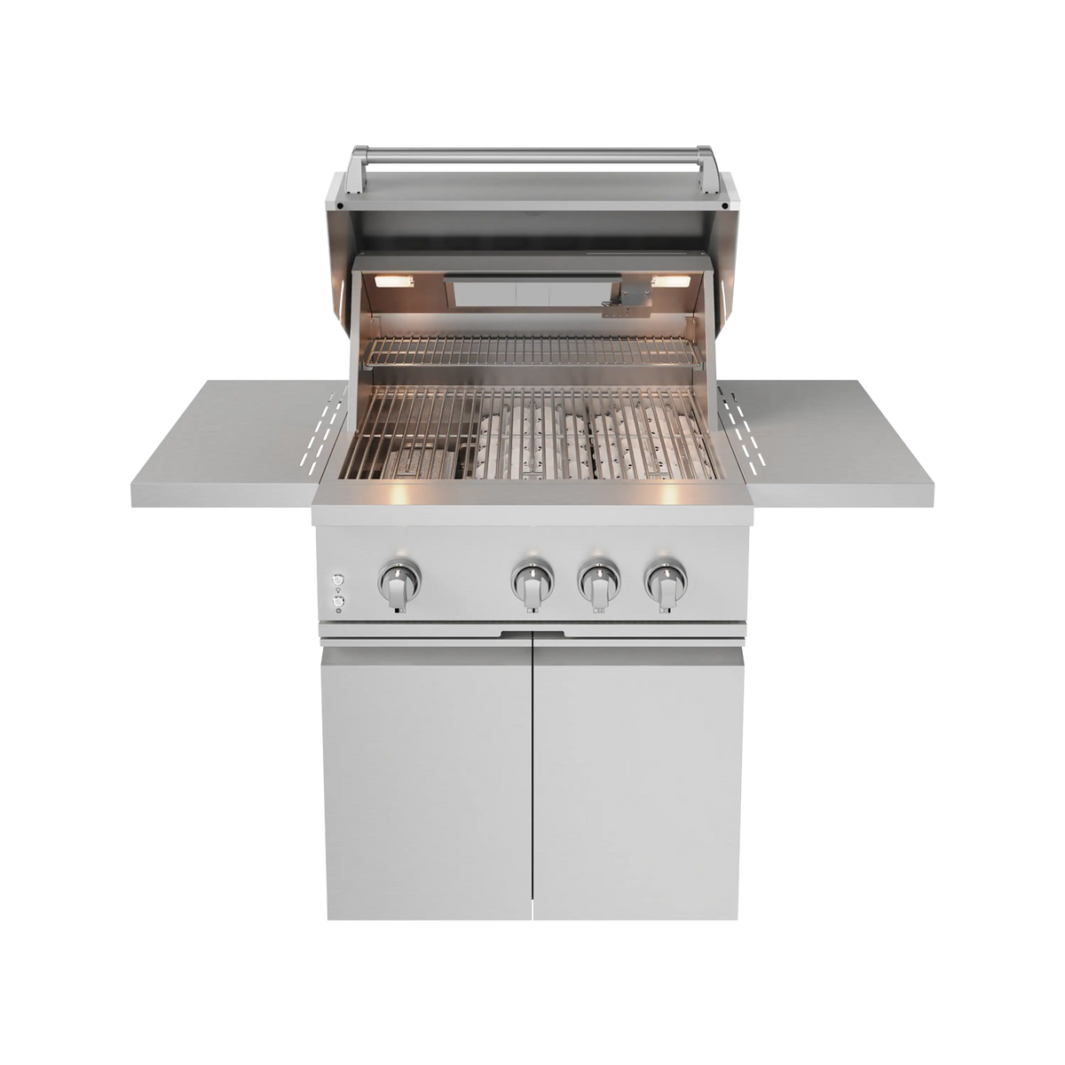 Stainless steel gas grill interior with open lid and grill grates