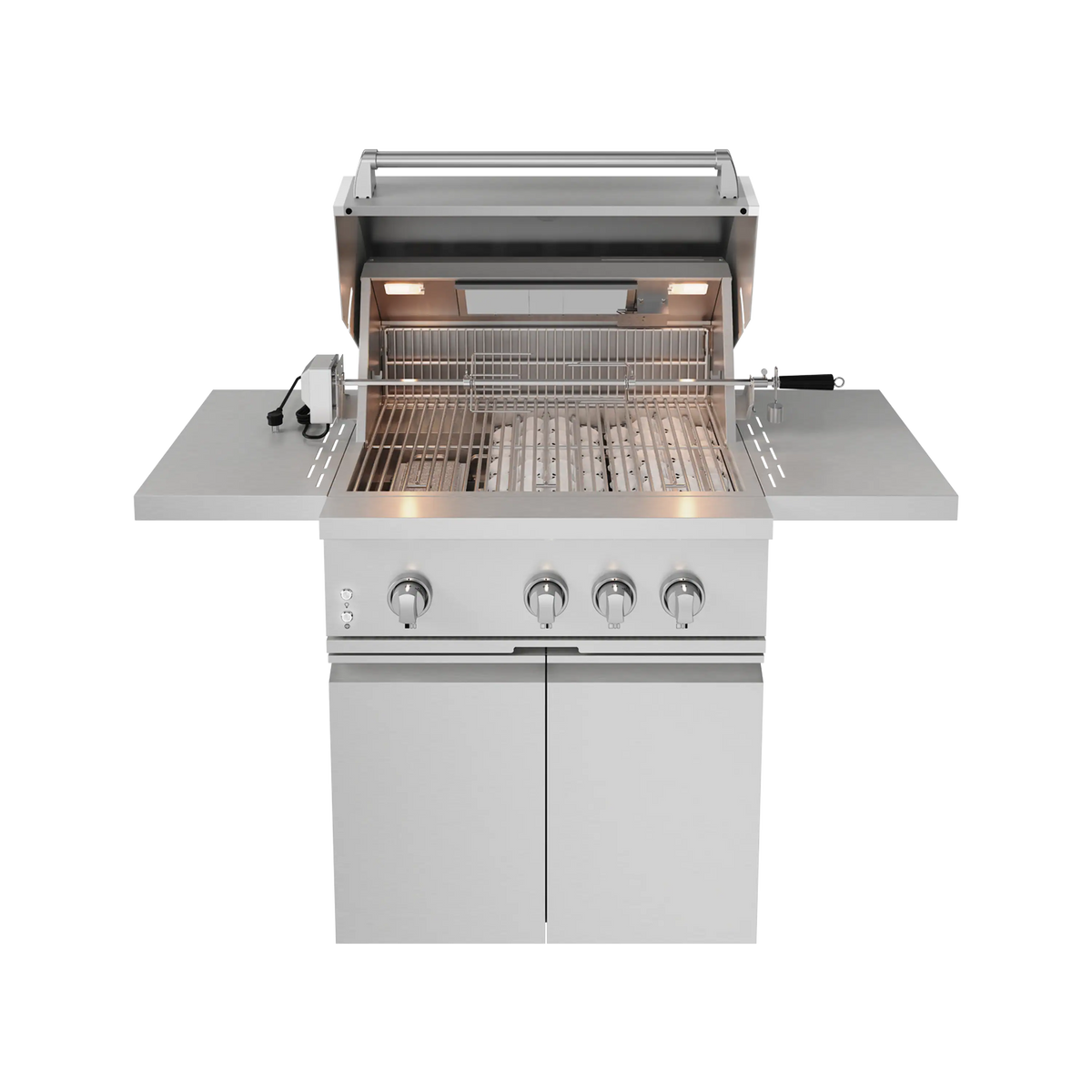 Stainless steel gas grill with open lid, cooking grates, and warming rack