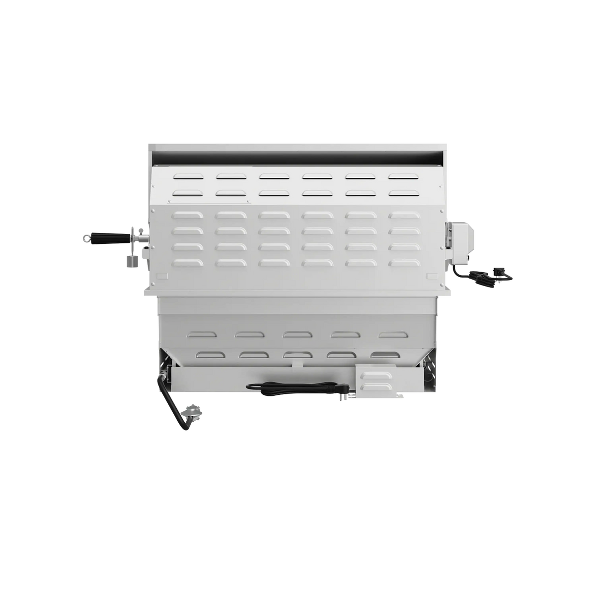 Stainless steel built-in propane gas grill rear view with vented lid and side handle