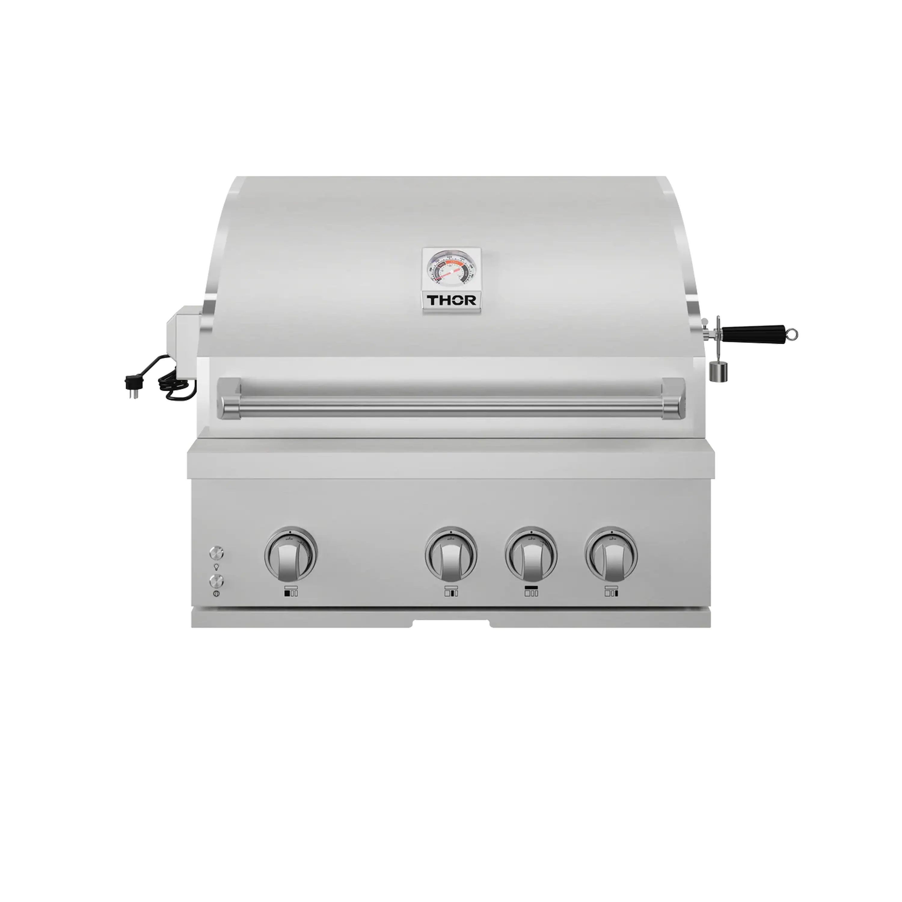Stainless steel built-in propane gas grill front view with four control knobs and THOR logo