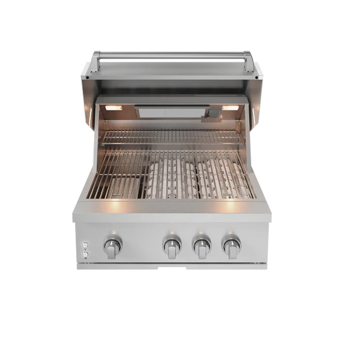Built-in gas grill with open hood showing stainless steel grates and warming rack
