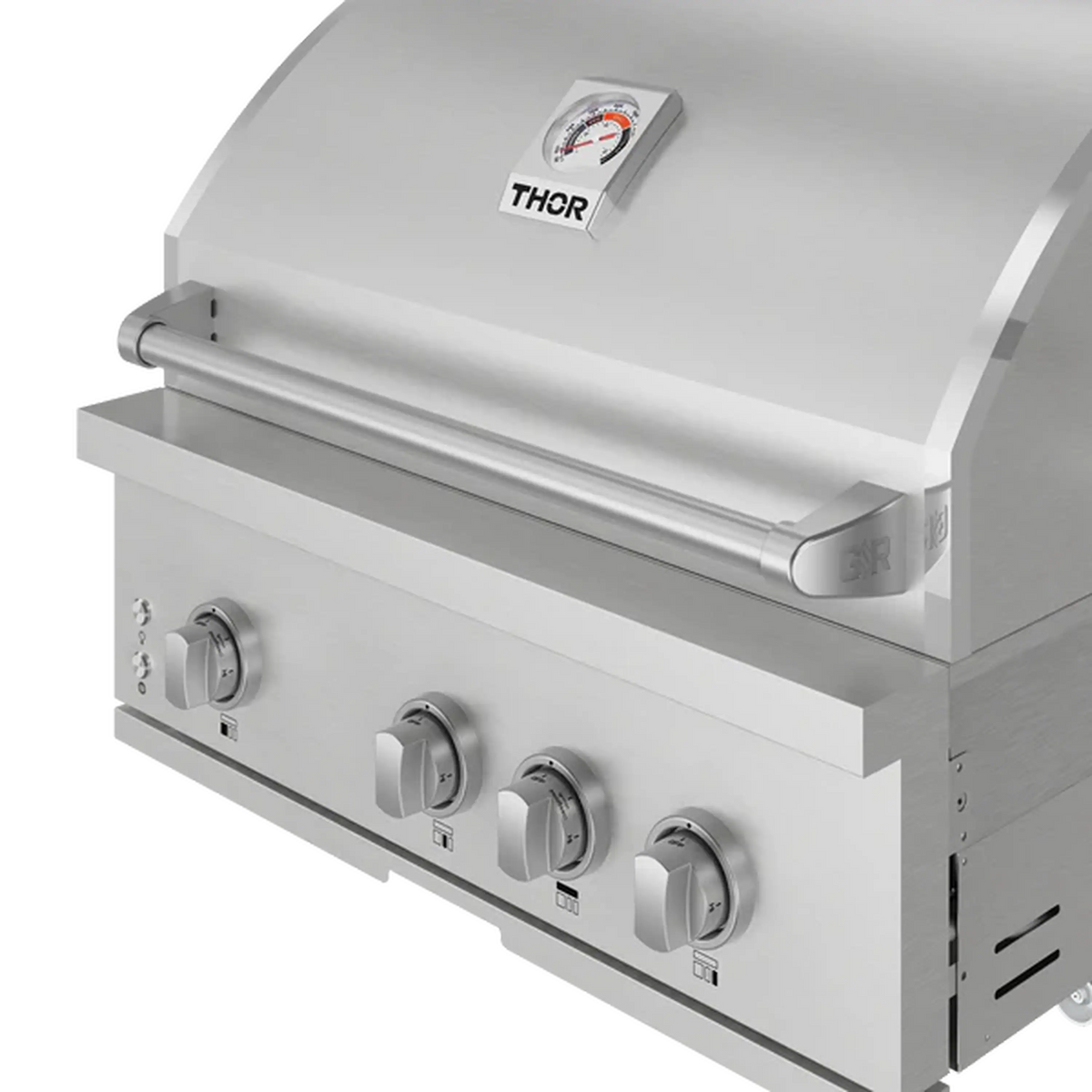 Stainless steel built-in propane gas grill with open lid handle and four front control knobs