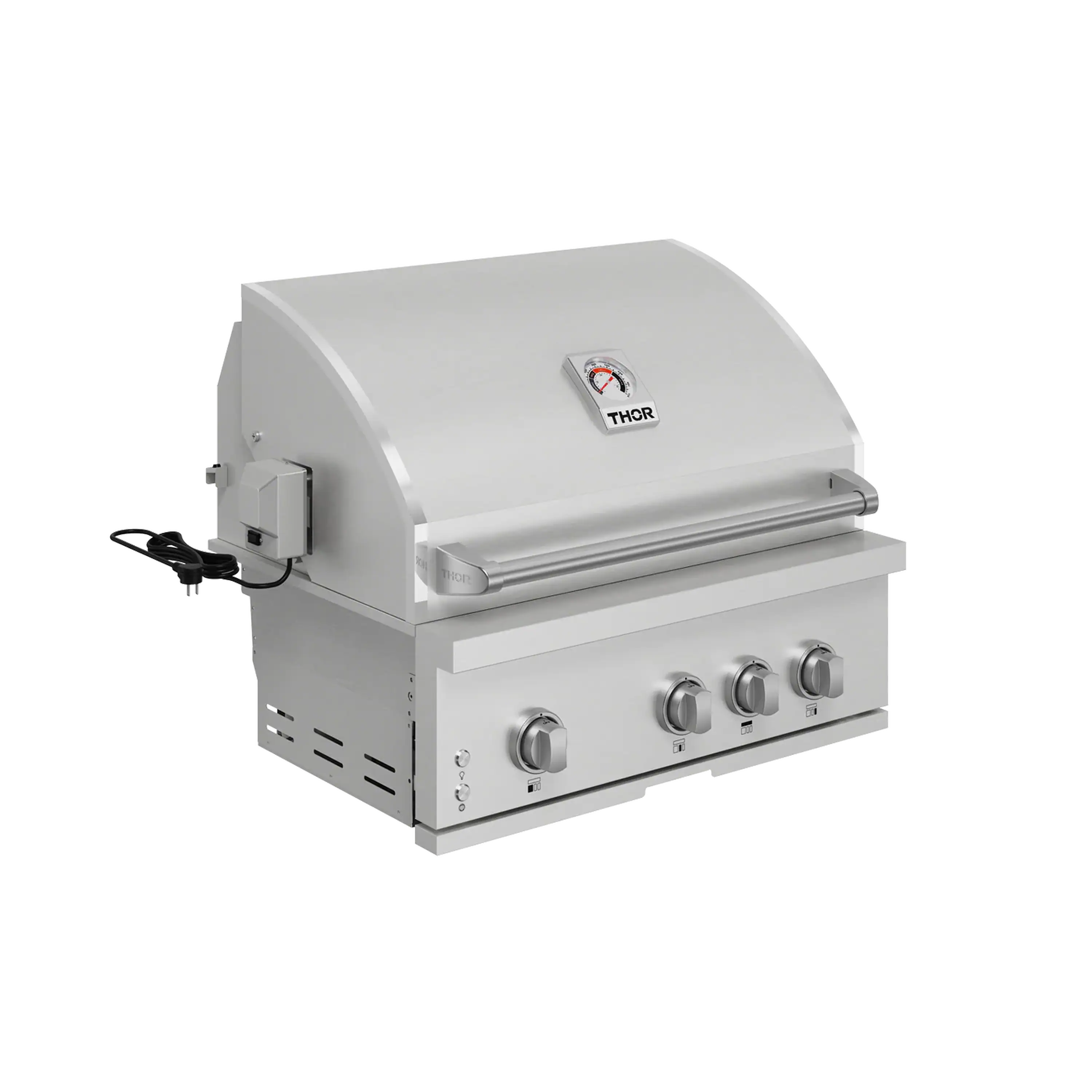 Stainless steel built-in propane gas grill angled view with lid, side handles, and control knobs