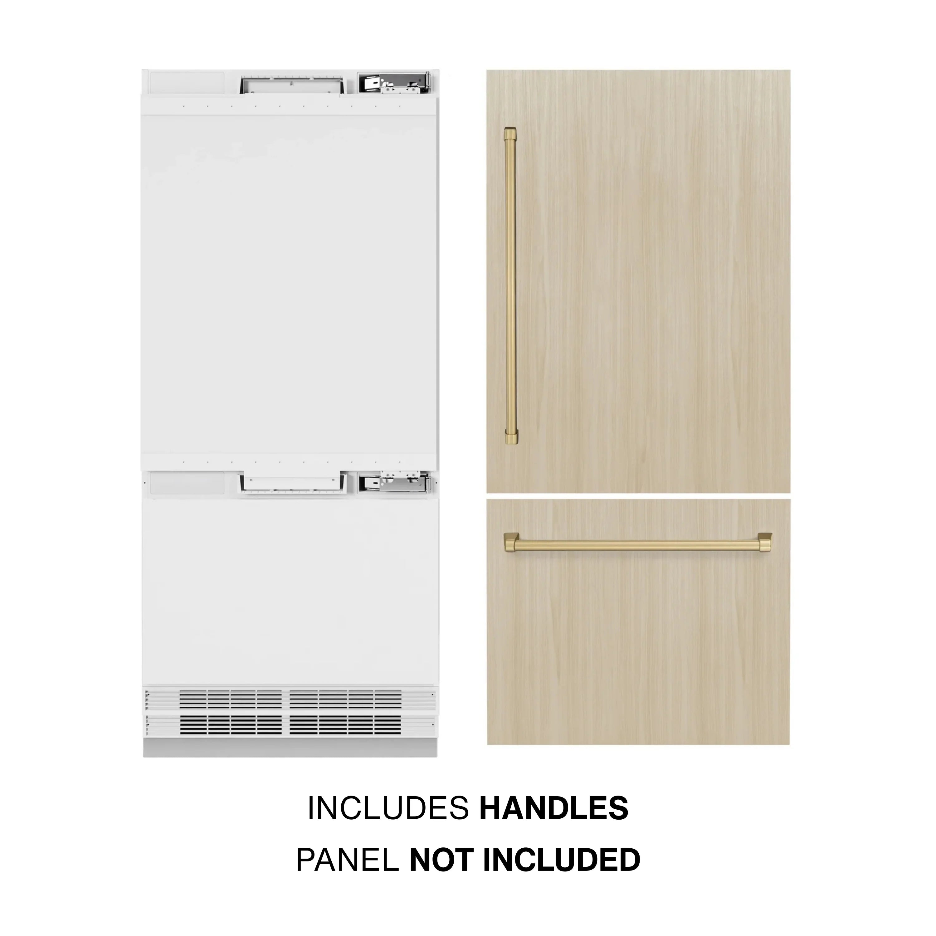 Panel-ready bottom freezer refrigerator showing included champagne bronze handles; custom panel not included