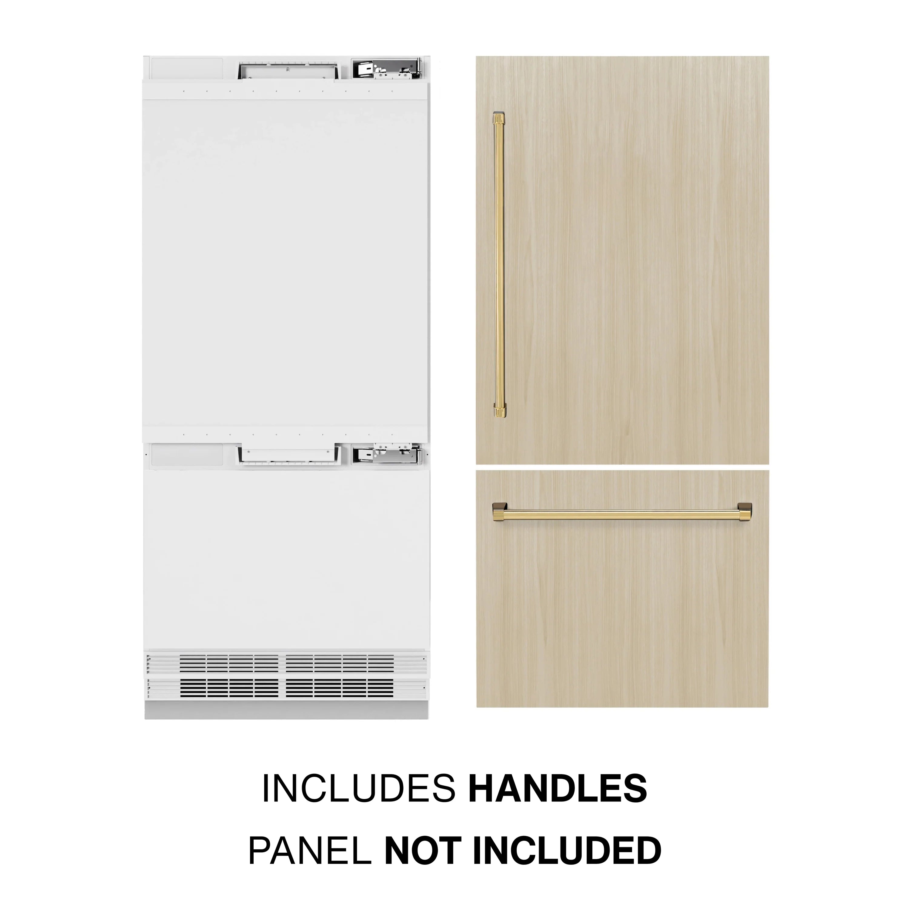 Bottom freezer refrigerator with included gold handles; panel not included