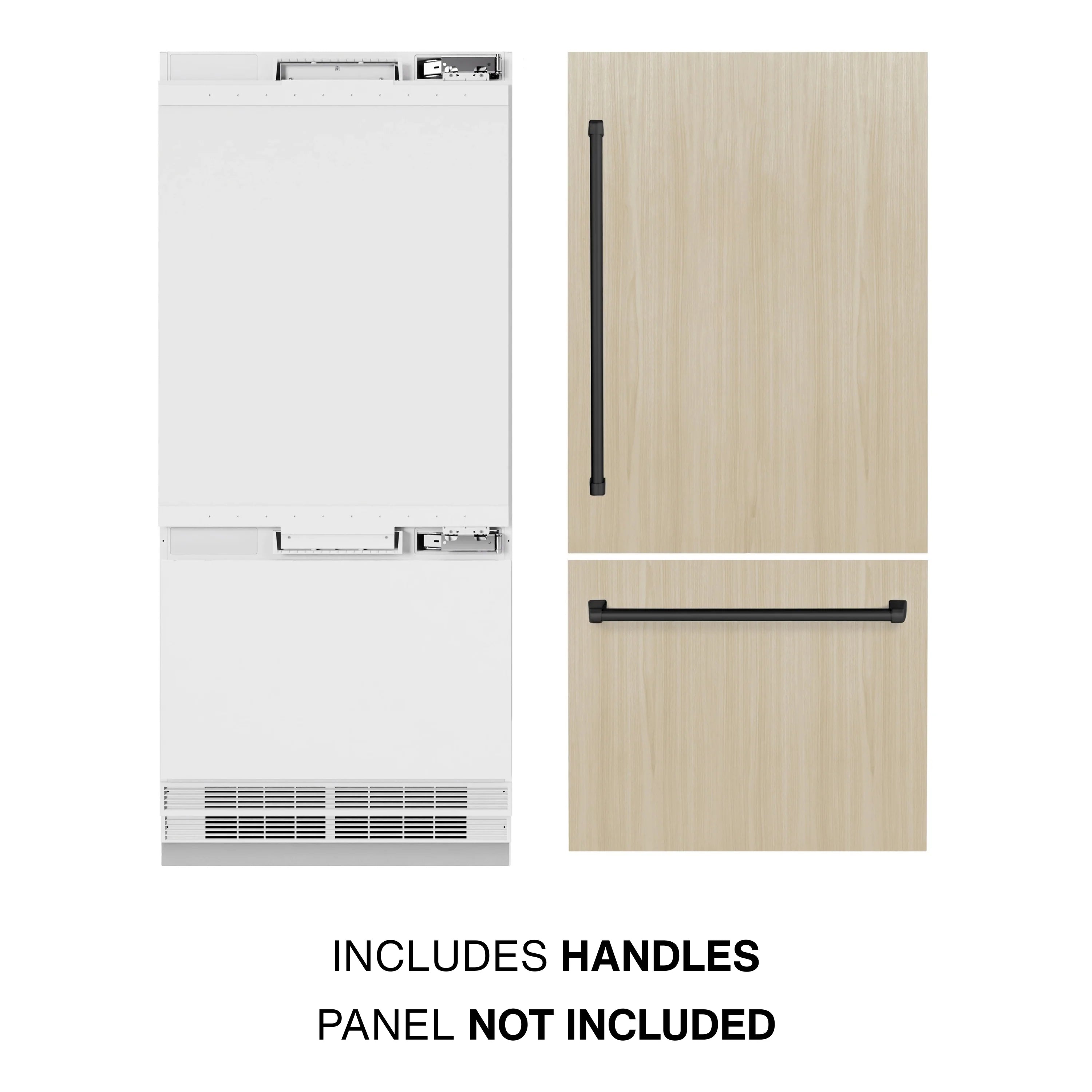 Panel-ready refrigerator door with included handles; panel not included