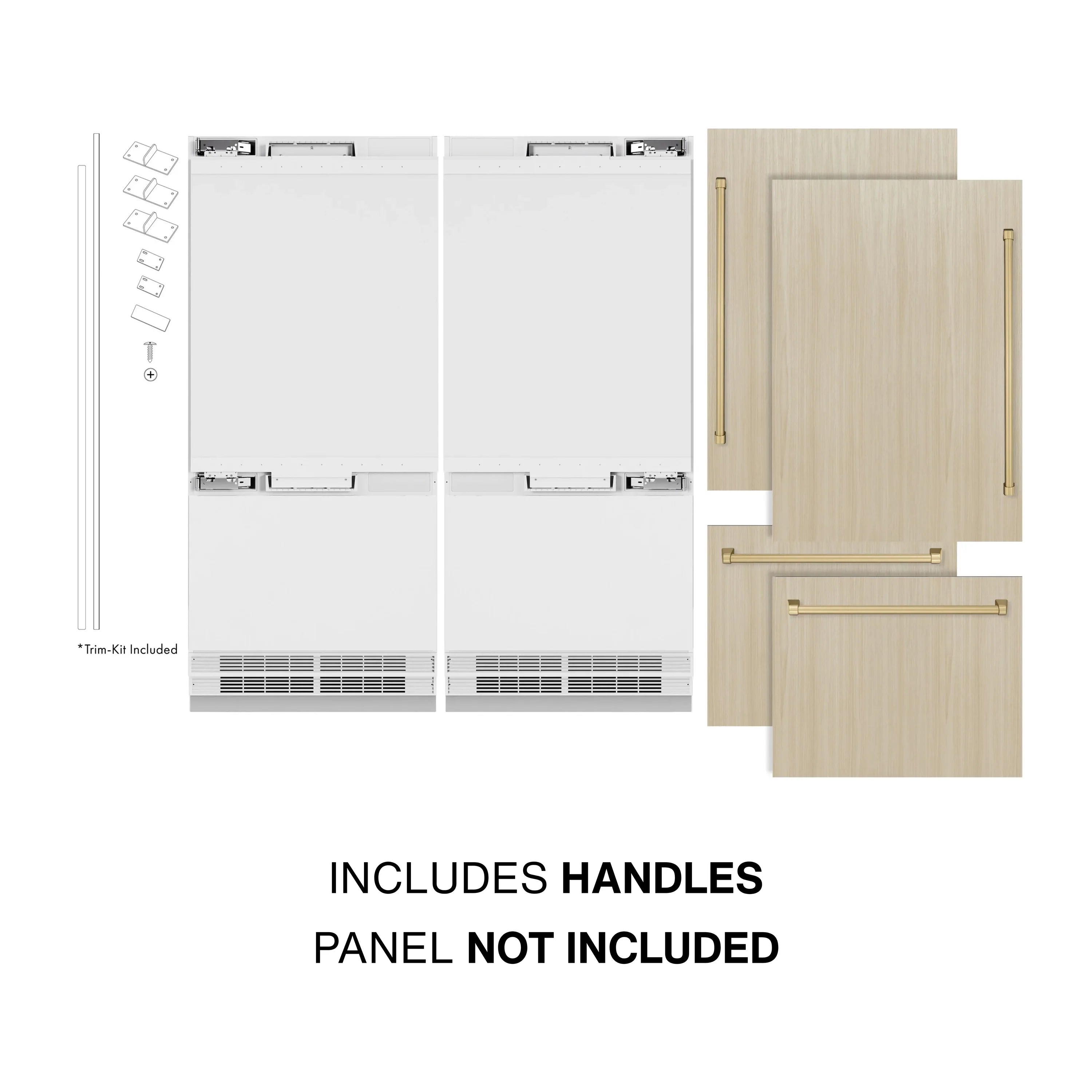 Panel-ready refrigerator with included champagne bronze handles; door panels not shown
