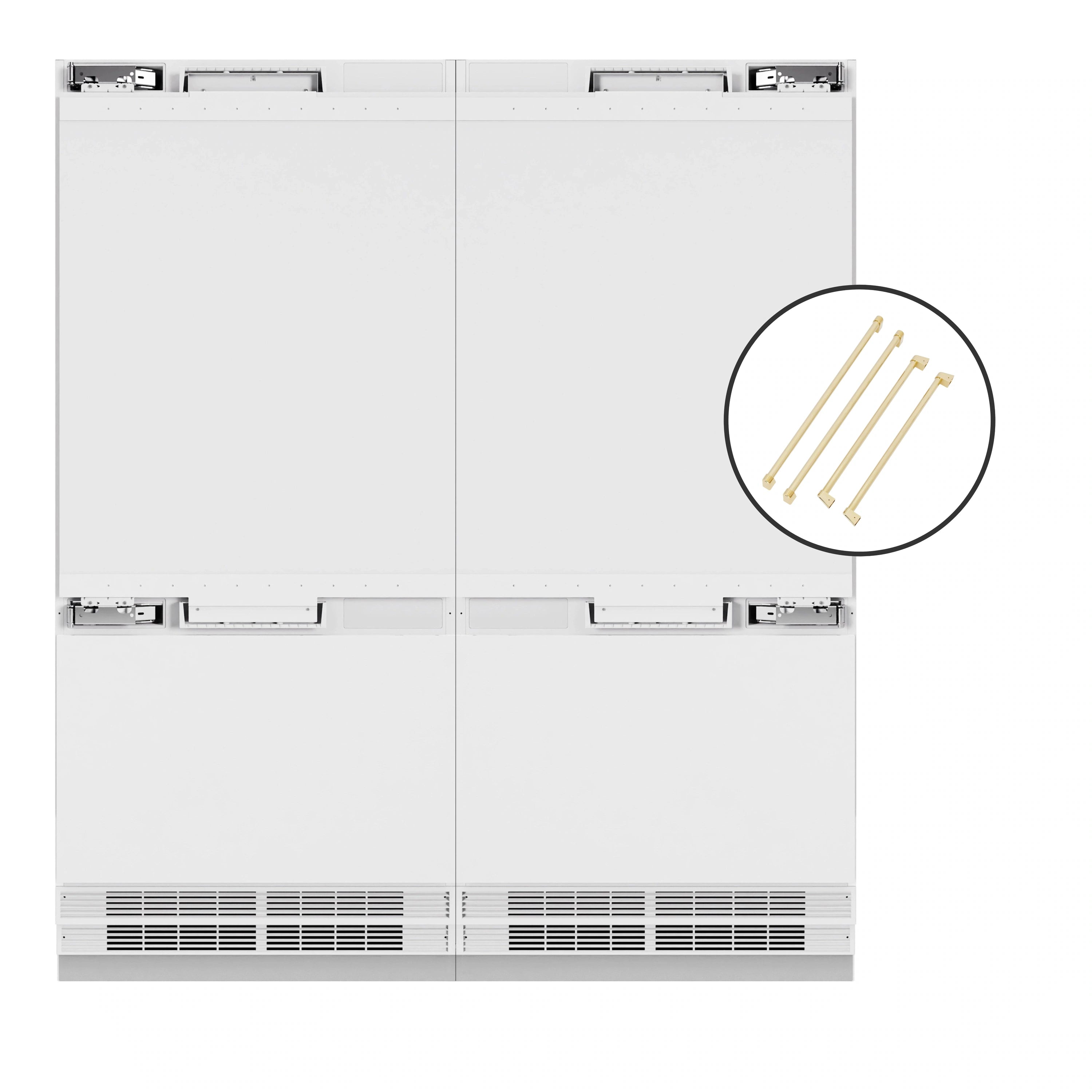 Panel-ready built-in French door refrigerator with white doors and polished gold handle accents