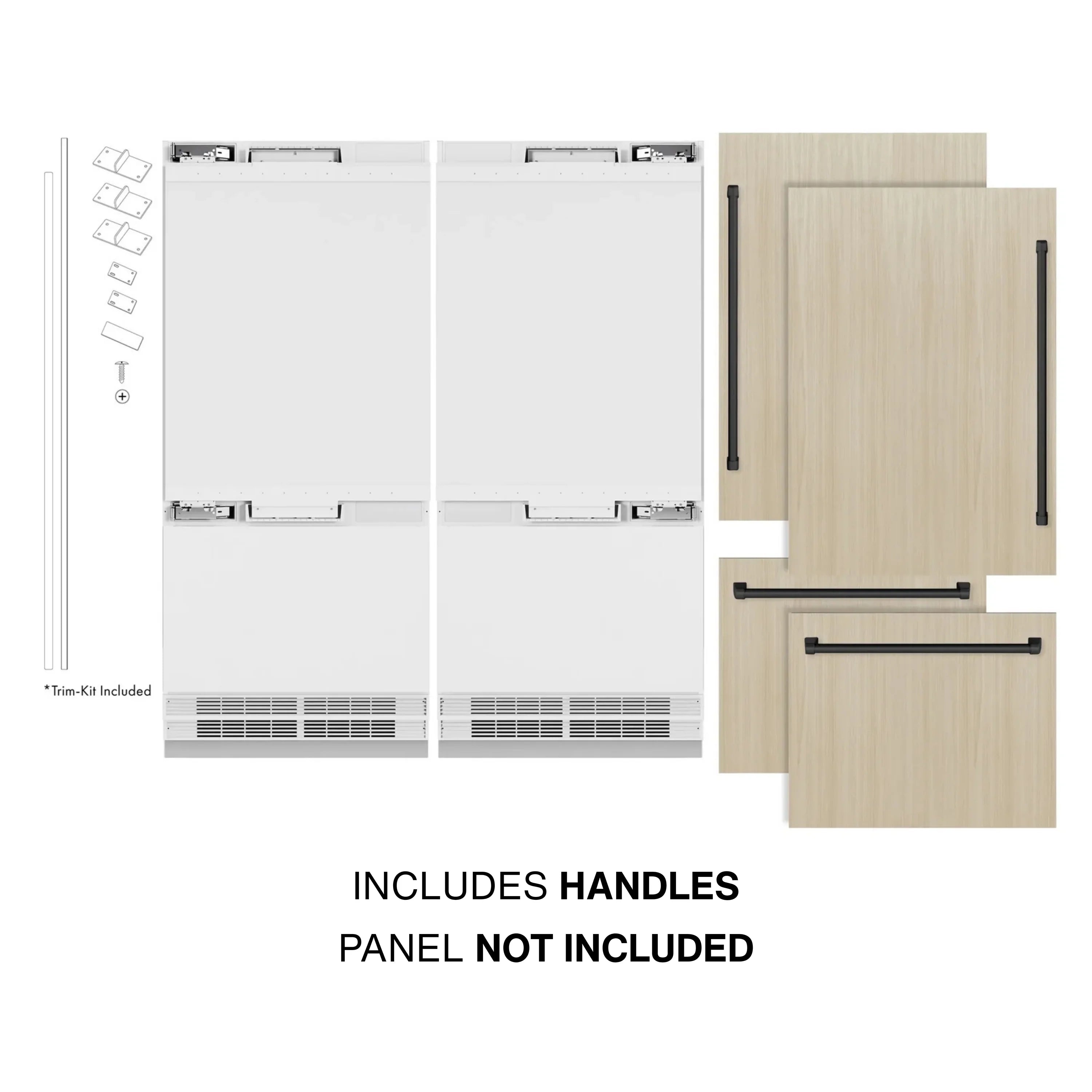 Panel-ready refrigerator includes handles with wood panel mockups for custom doors