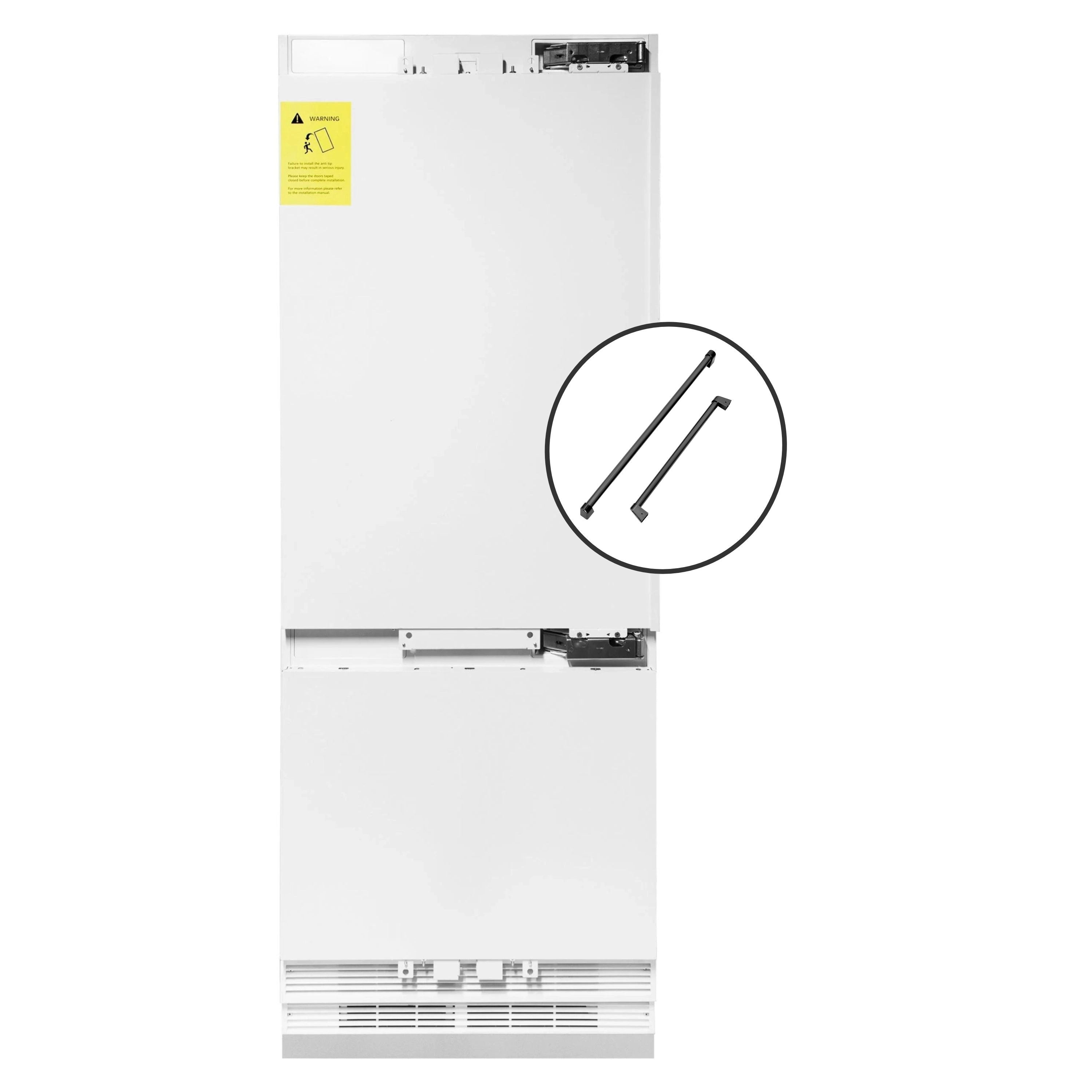 Refrigerator unit with included black door handles shown in inset