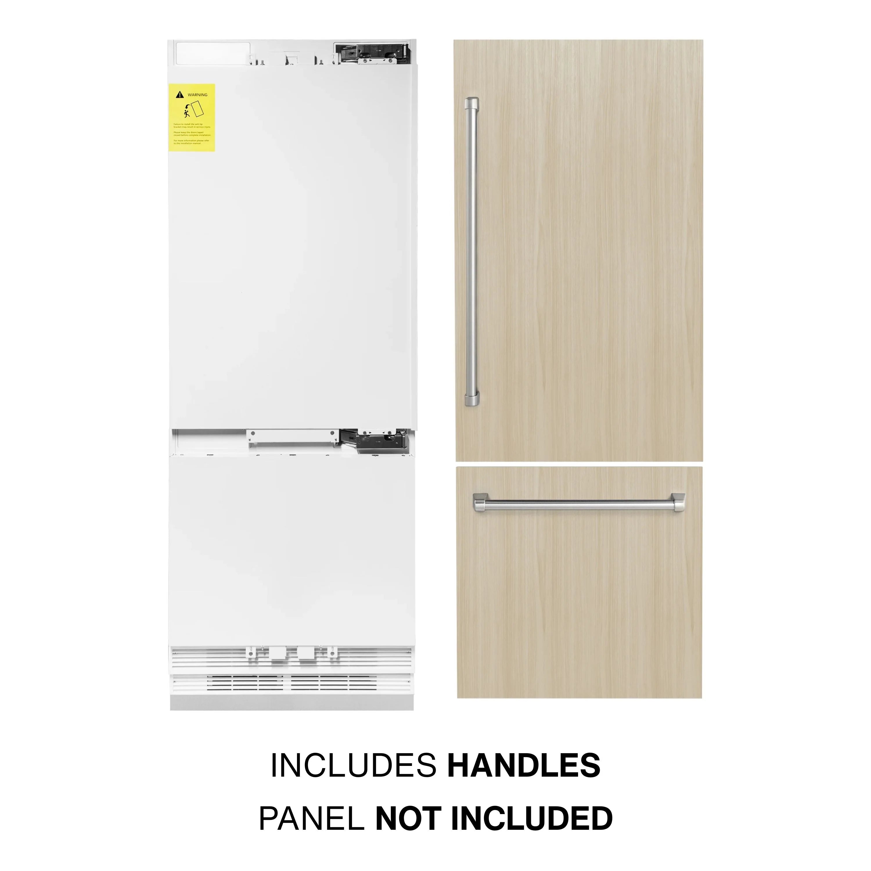 Refrigerator door shown with included handles; panel not included