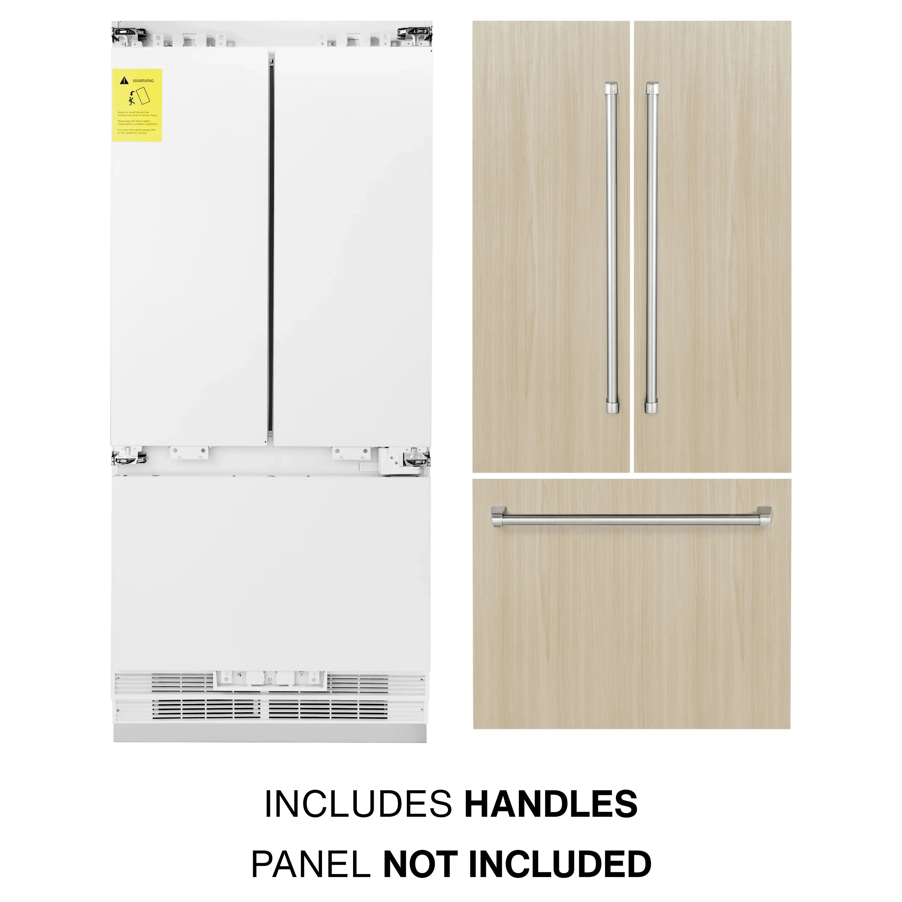 Refrigerator layout shows included handles; panel not included