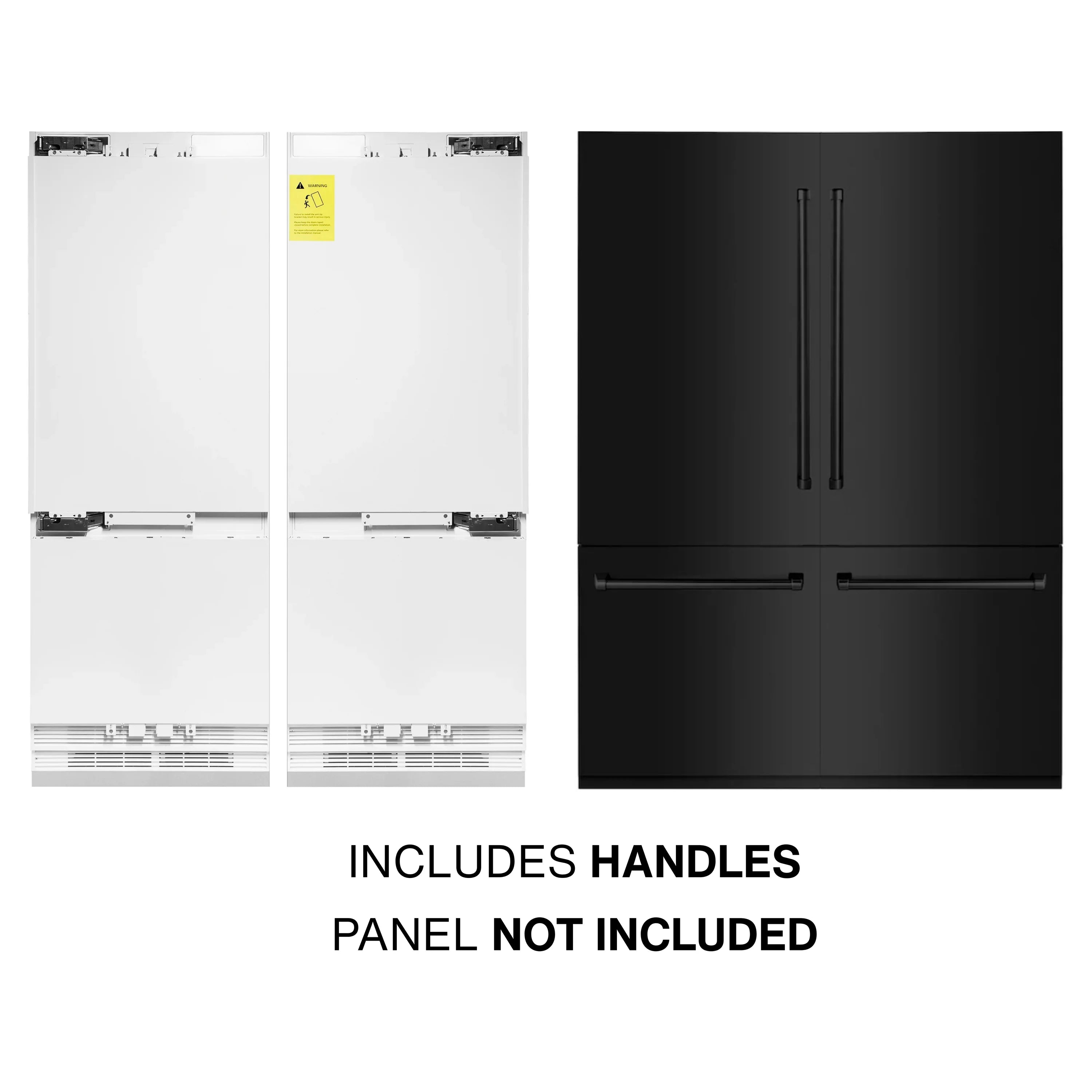 Panel-ready 4-door refrigerator in black stainless, with two black handle bars