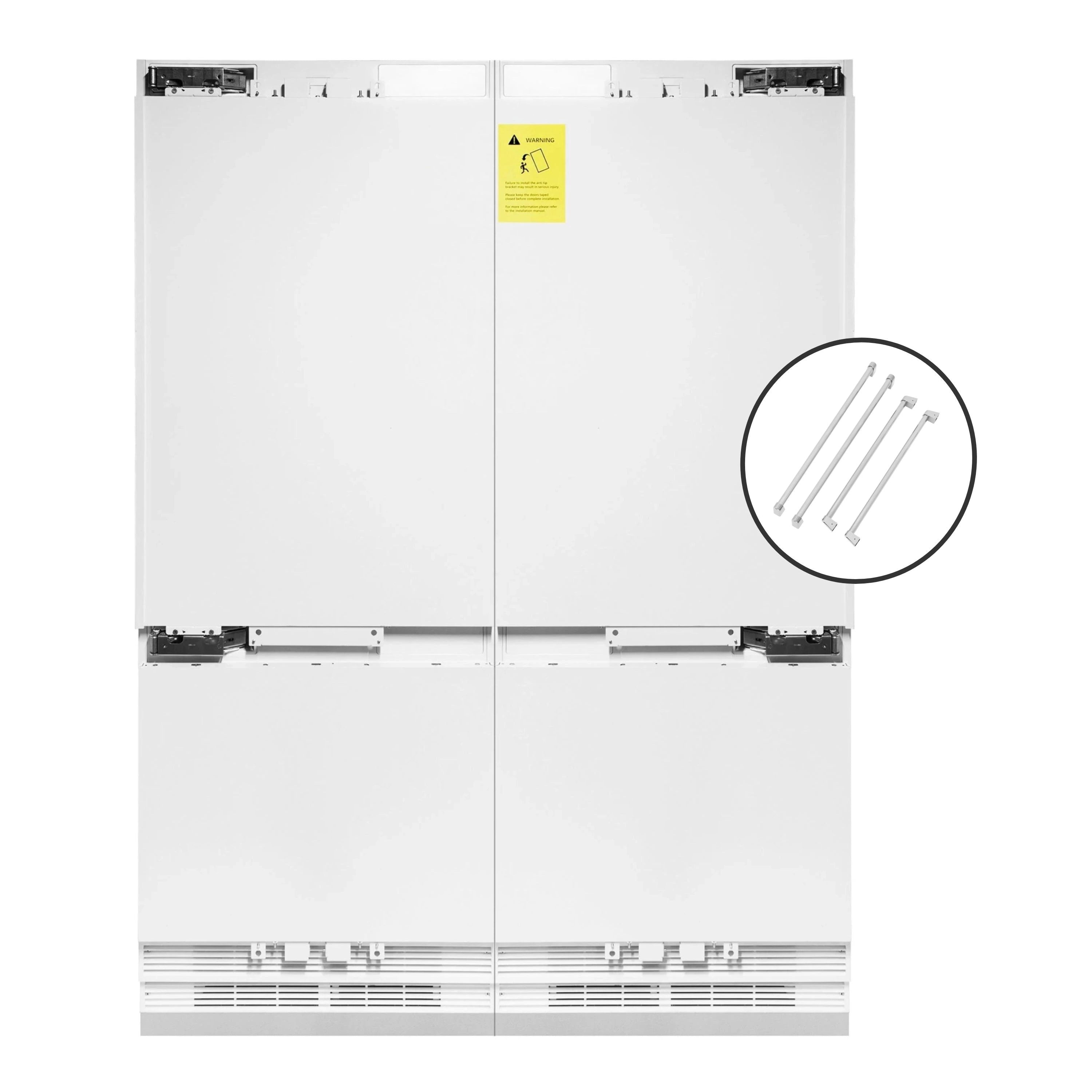 Panel-ready French door refrigerator with two doors closed, showing mounting hardware