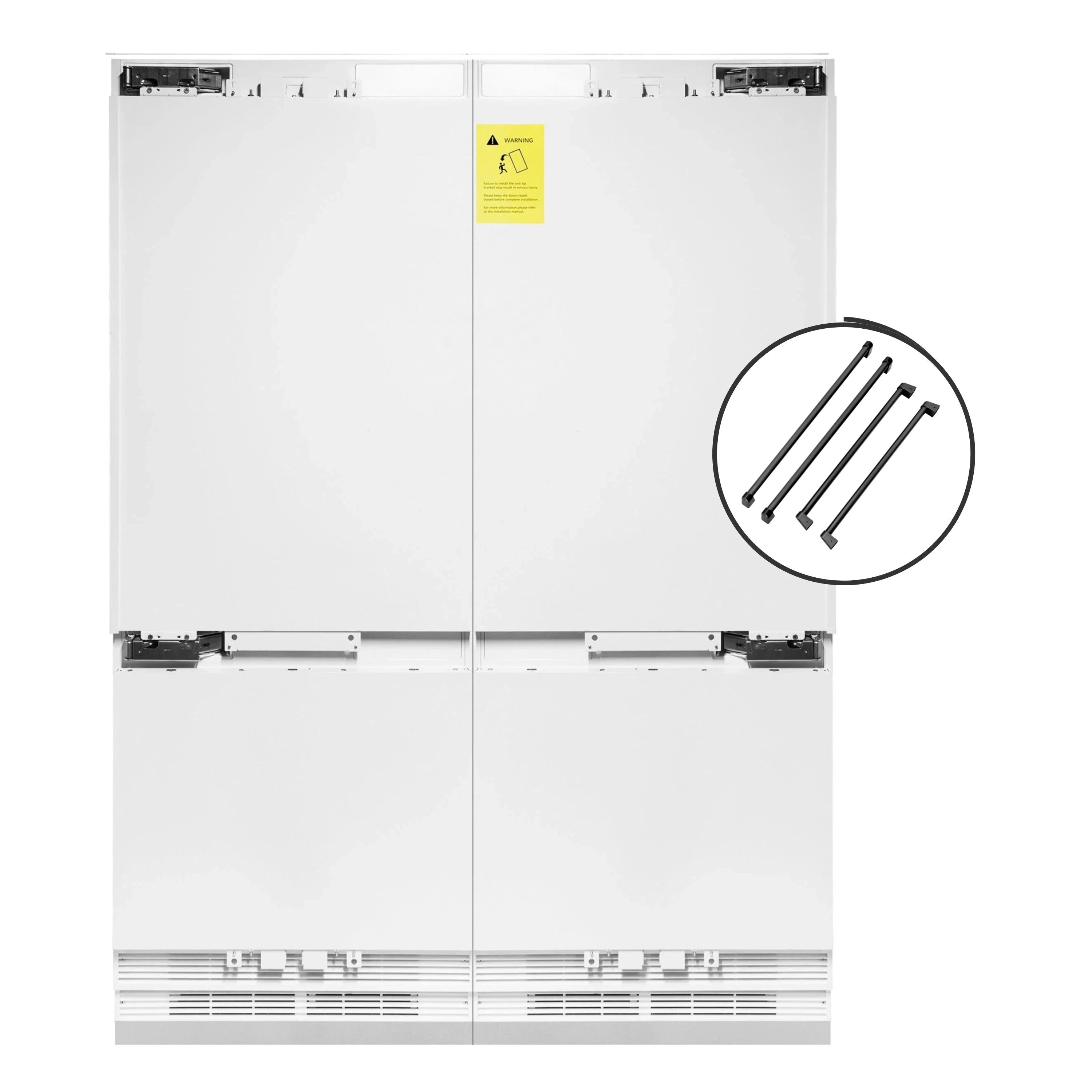 Panel-ready 4-door refrigerator front with blank doors and handle fitting detail