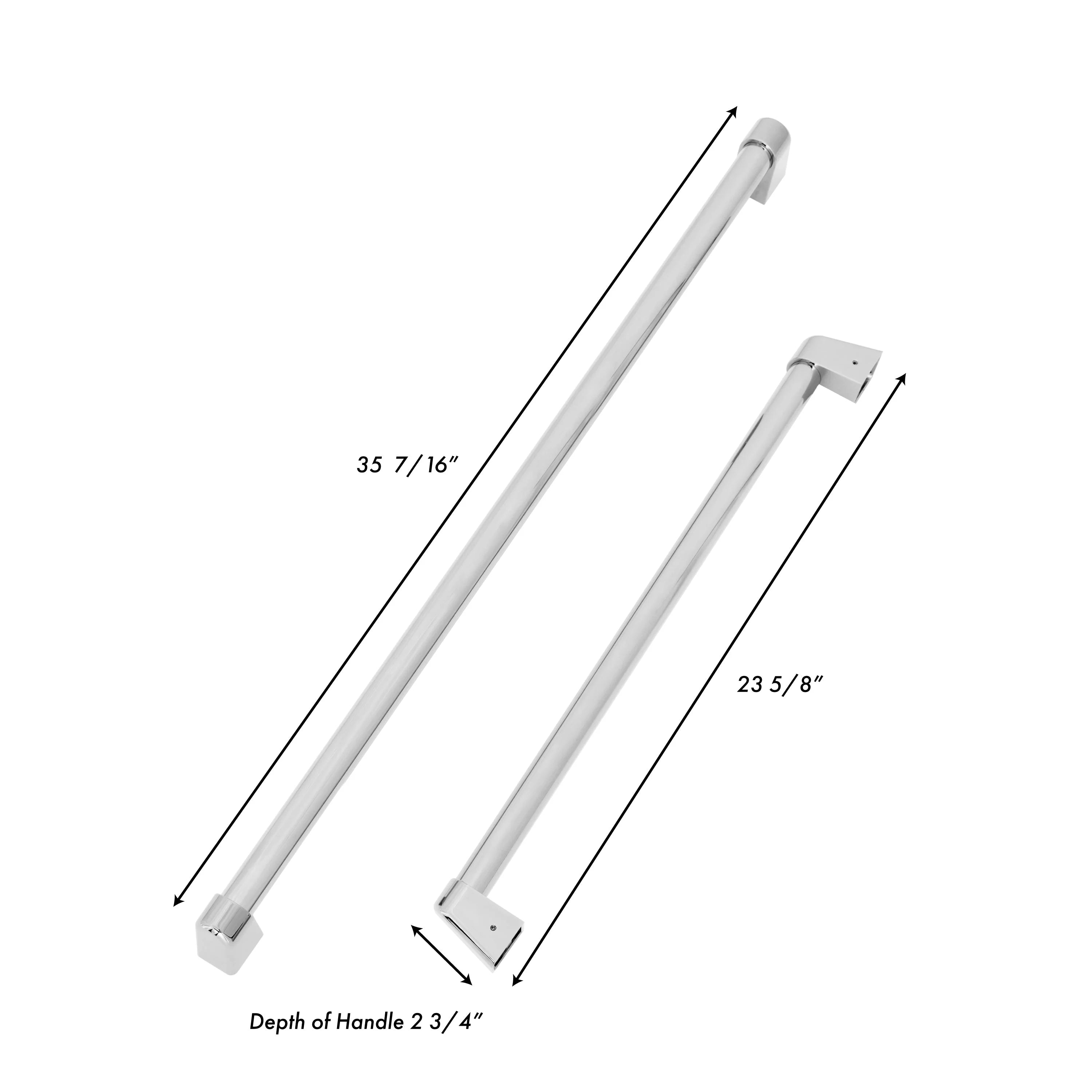 Stainless steel refrigerator handles with measurement arrows and depth note
