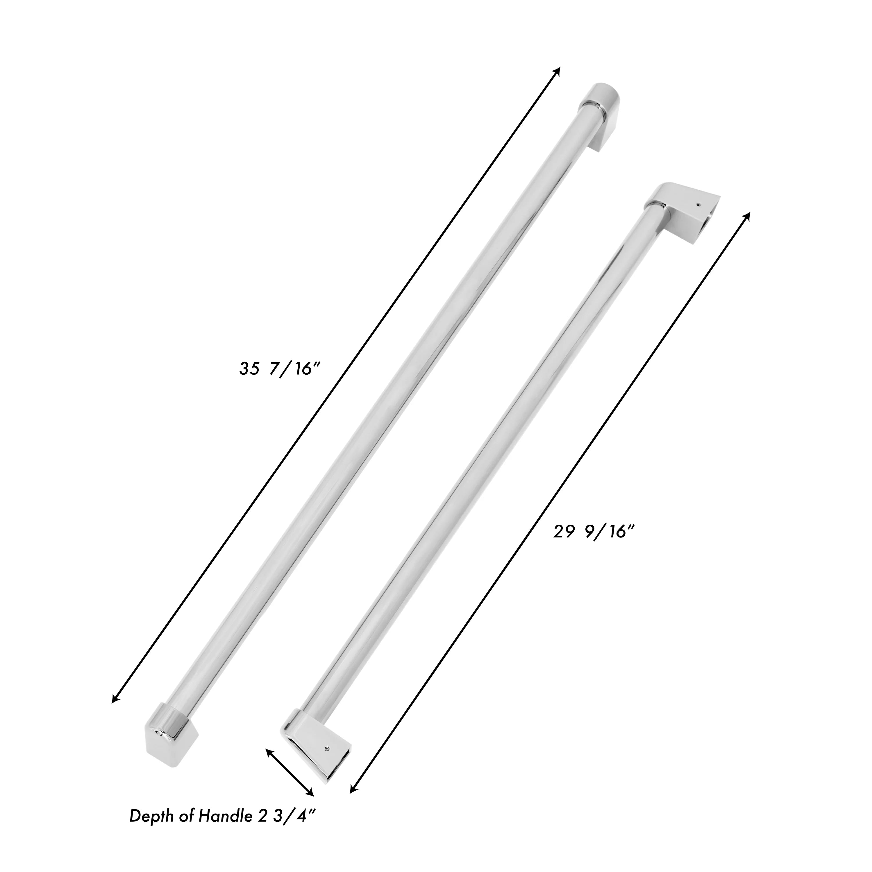Stainless steel refrigerator handle set with length and depth measurements