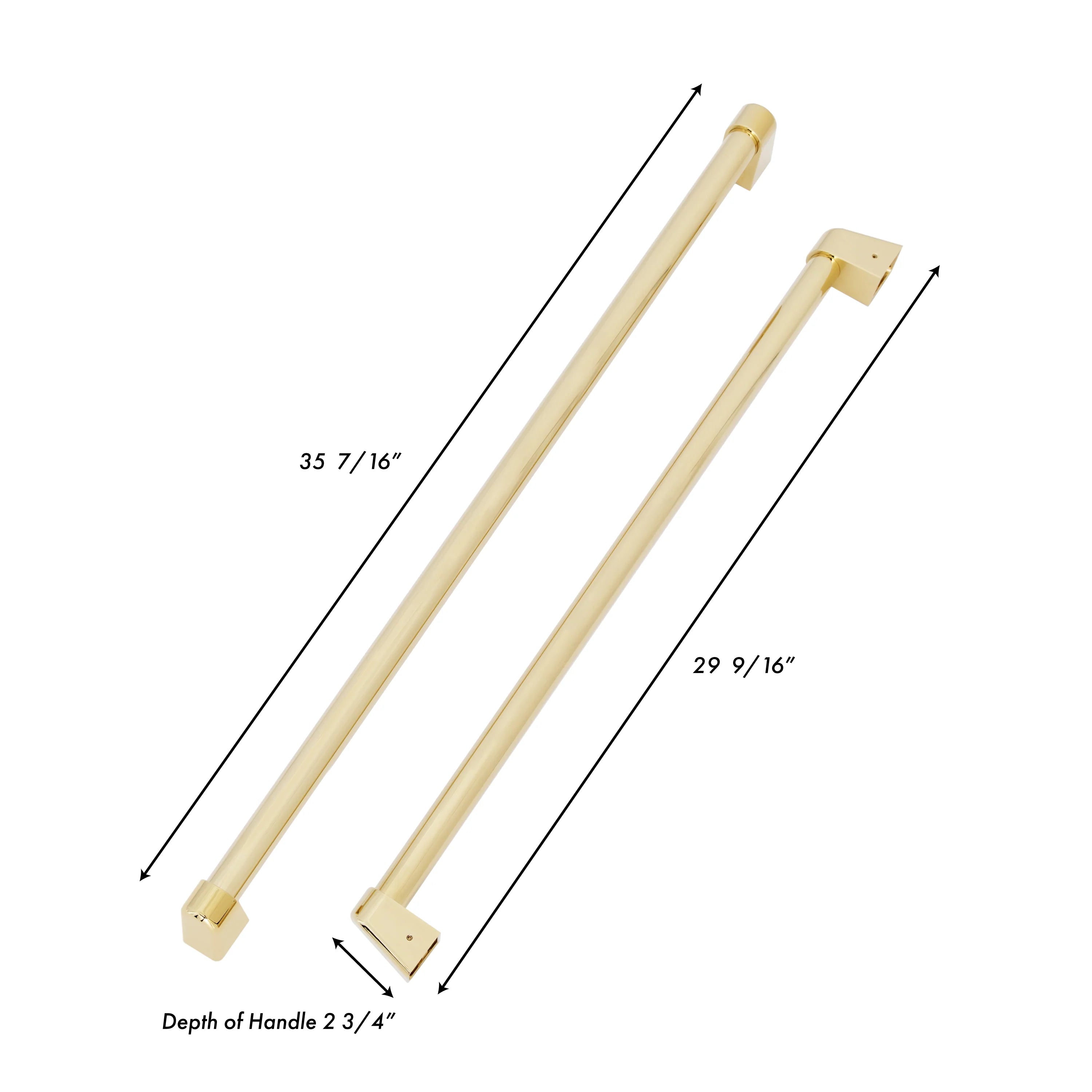Gold bar refrigerator handle dimensions: 35 7/16 in and 29 9/16 in; 2 3/4 in depth