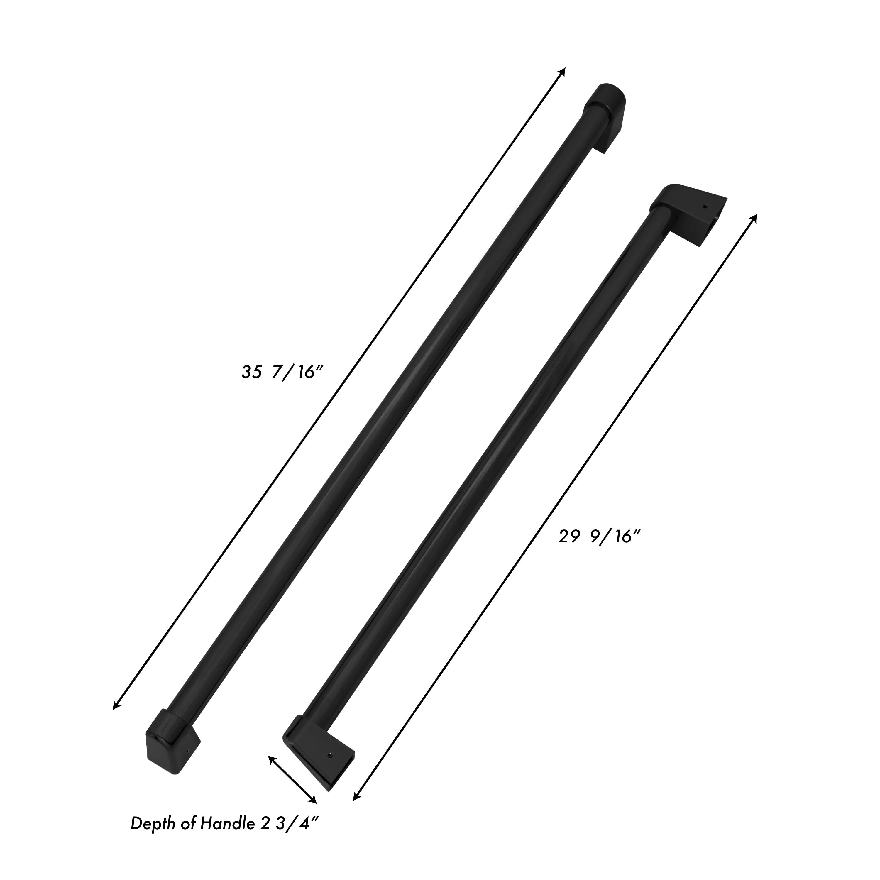 Matte black refrigerator handle set with length and handle depth dimensions