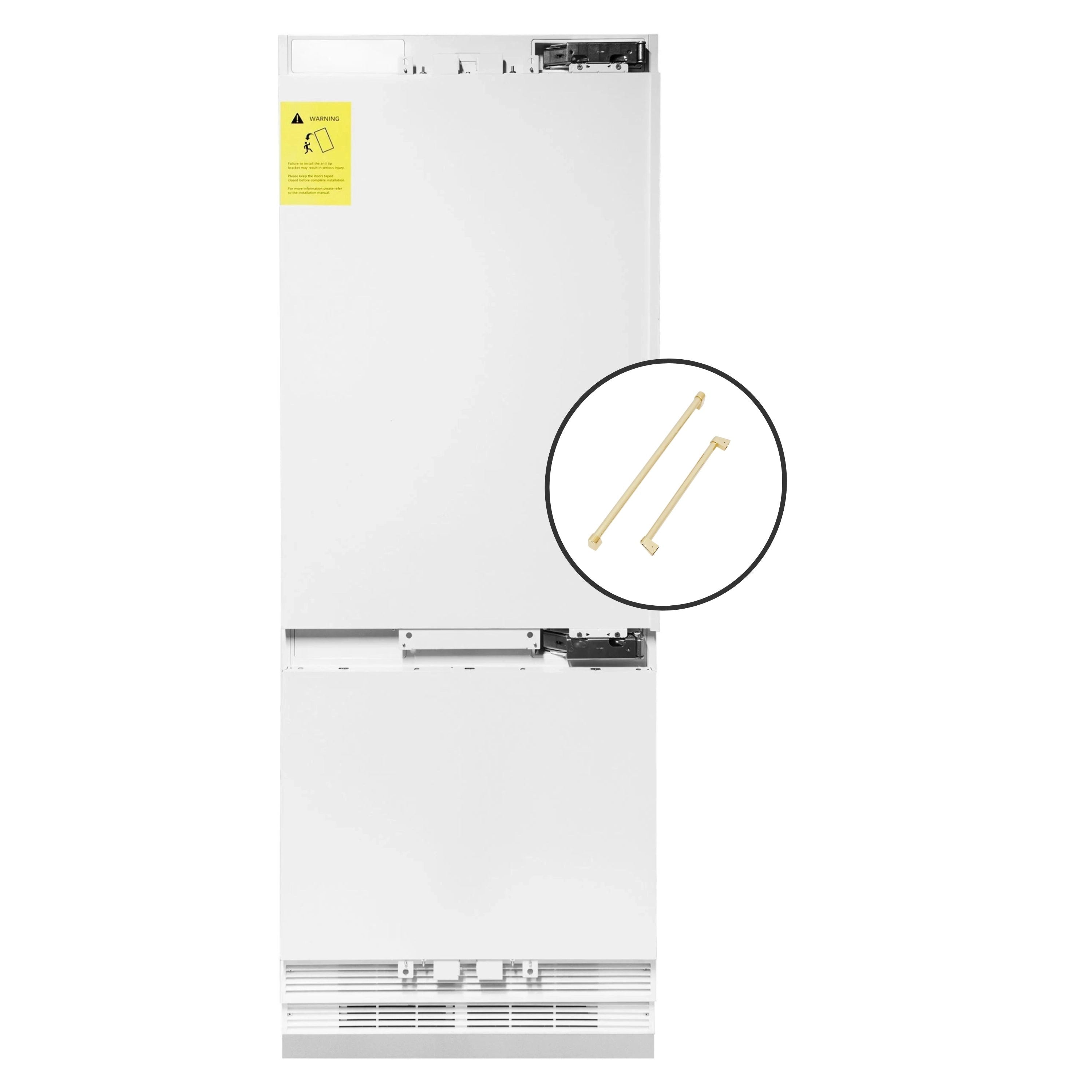Panel-ready refrigerator door handle set with two gold pull bars and mounting hardware