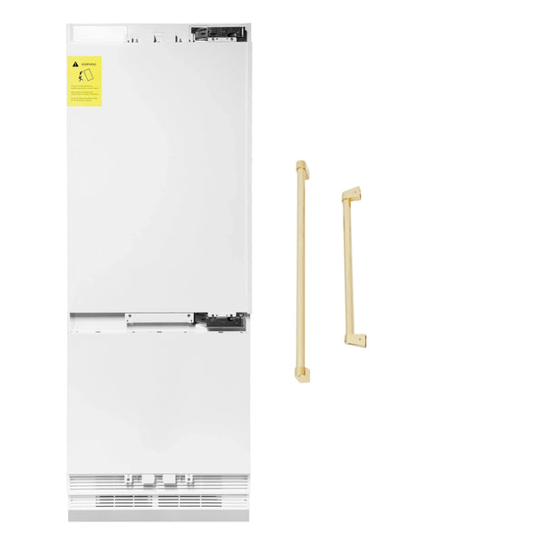 ZLINE Autograph Edition 30-Inch 16.1 cu. ft. Panel Ready Built-in 2-Door Bottom Freezer Refrigerator with Internal Water and Ice Dispenser with Polished Gold Handles (RBIVZ-30-G)