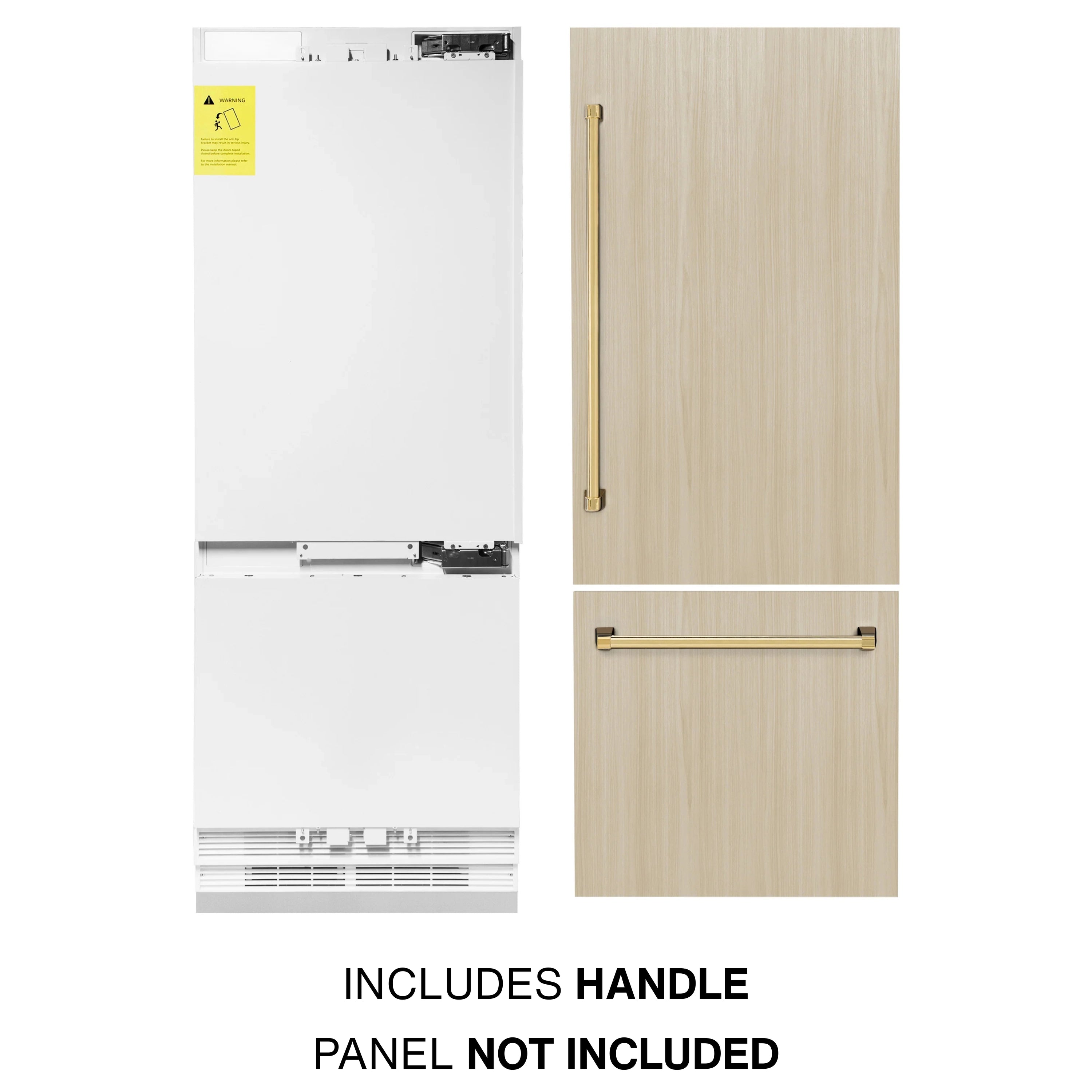 Panel-ready refrigerator door with included gold handle and wood-look panel mockup
