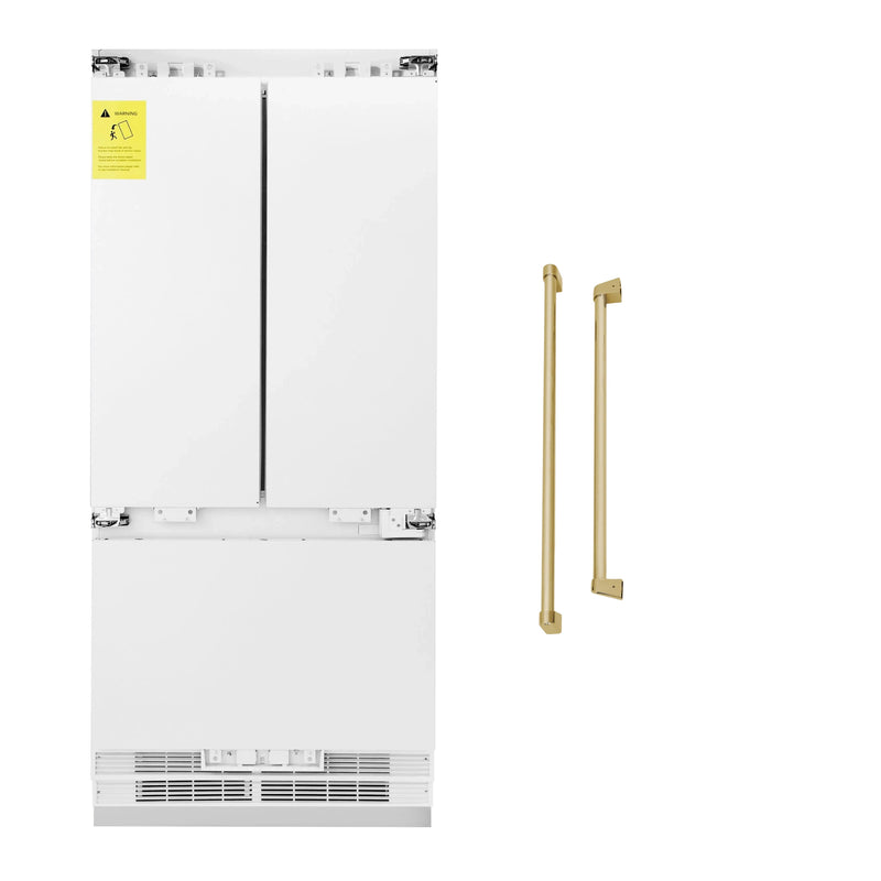 ZLINE Autograph Edition 36-Inch 19.6 cu. ft. Panel Ready Built-in 3-Door French Door Refrigerator with Internal Water and Ice Dispenser with Champagne Bronze Handles (RBIVZ-36-CB)