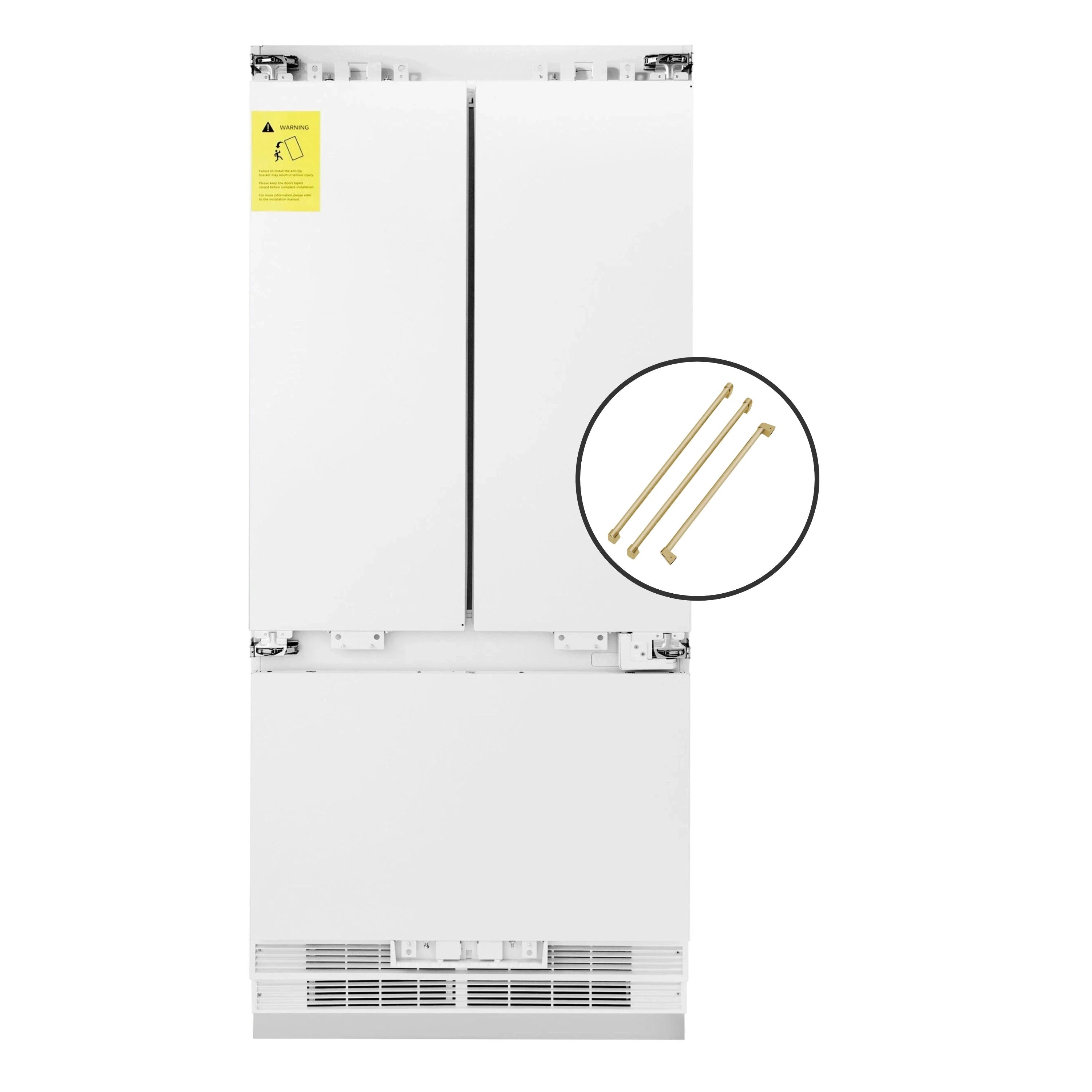 Panel-ready refrigerator French doors with champagne bronze long bar handles