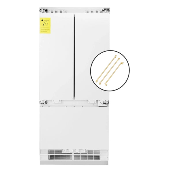 ZLINE Autograph Edition 36-Inch 19.6 cu. ft. Panel Ready Built-in 3-Door French Door Refrigerator with Internal Water and Ice Dispenser with Polished Gold Handles (RBIVZ-36-G)