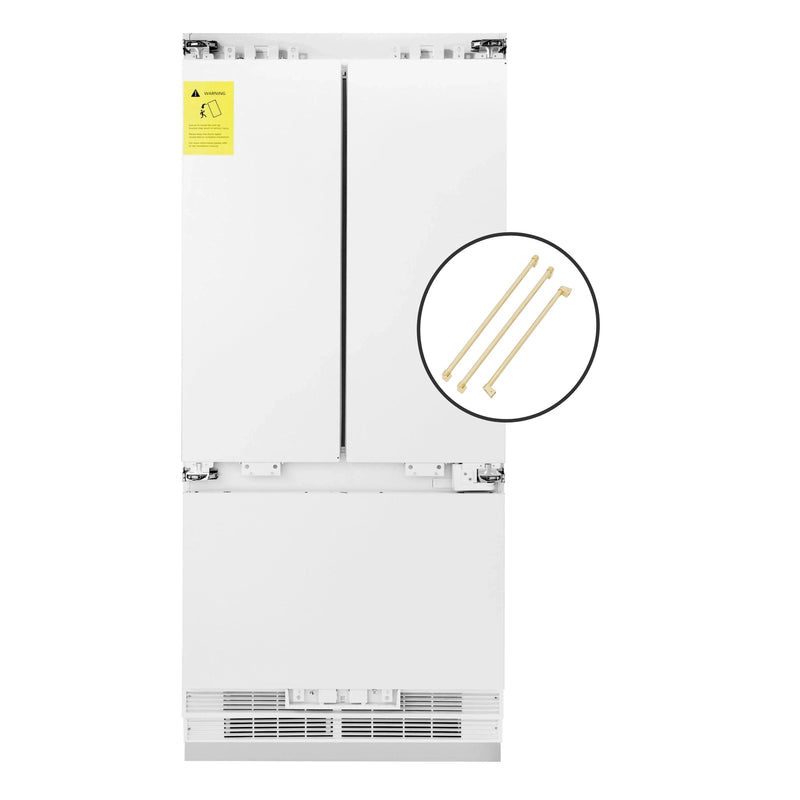 ZLINE Autograph Edition 36-Inch 19.6 cu. ft. Panel Ready Built-in 3-Door French Door Refrigerator with Internal Water and Ice Dispenser with Polished Gold Handles (RBIVZ-36-G)