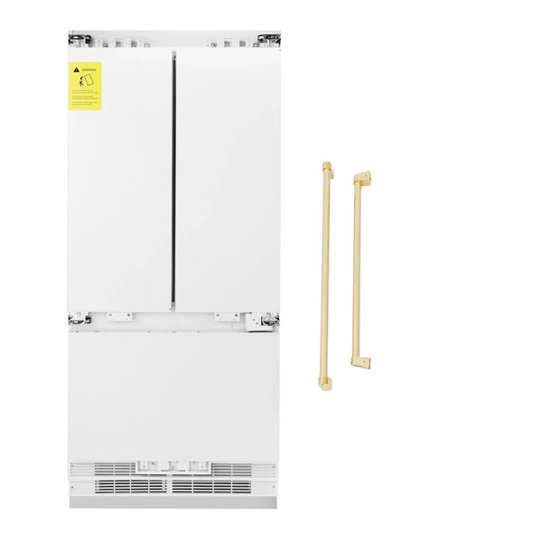 ZLINE Autograph Edition 36-Inch 19.6 cu. ft. Panel Ready Built-in 3-Door French Door Refrigerator with Internal Water and Ice Dispenser with Polished Gold Handles (RBIVZ-36-G)