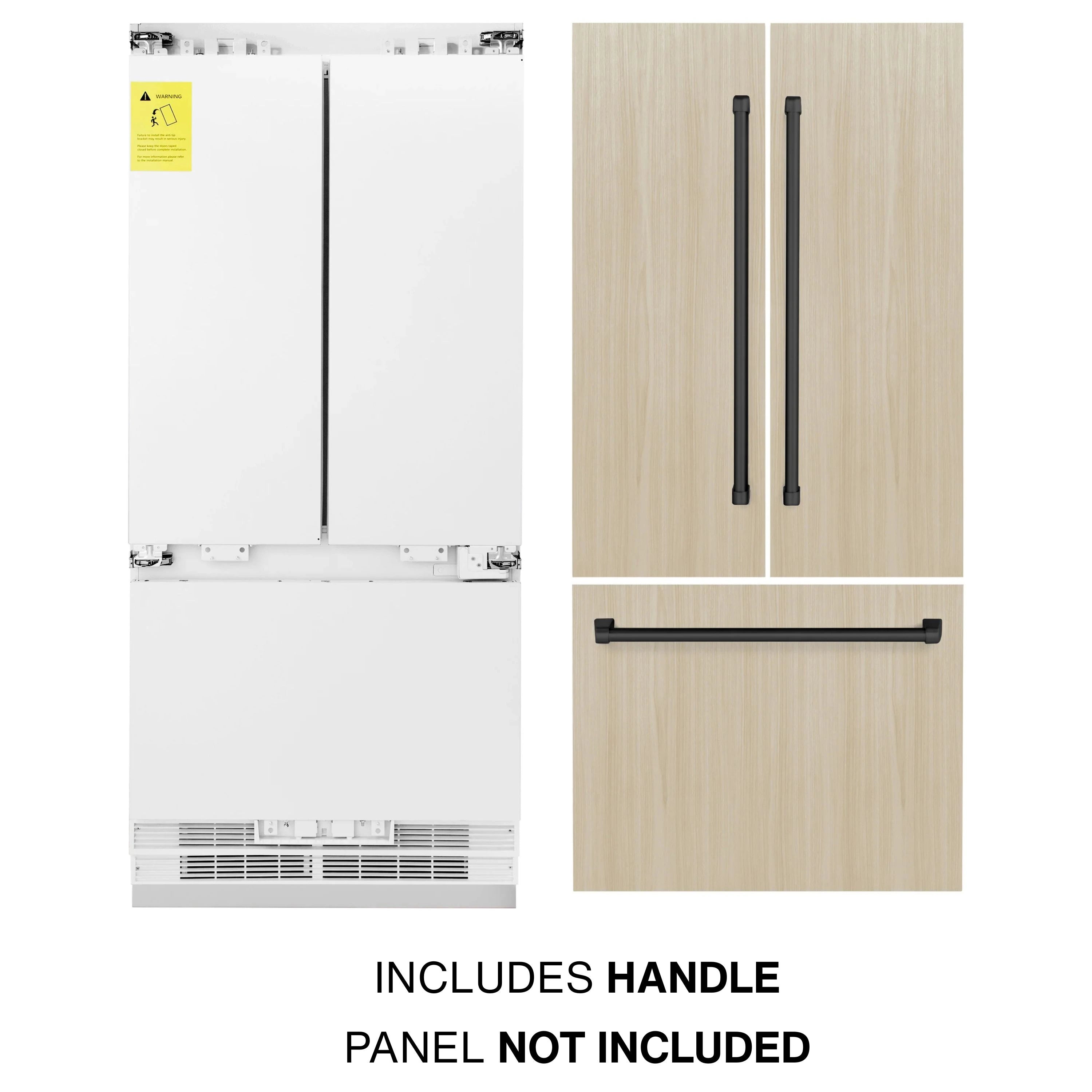 Panel-ready French door fridge with internal dispenser and matte black handles