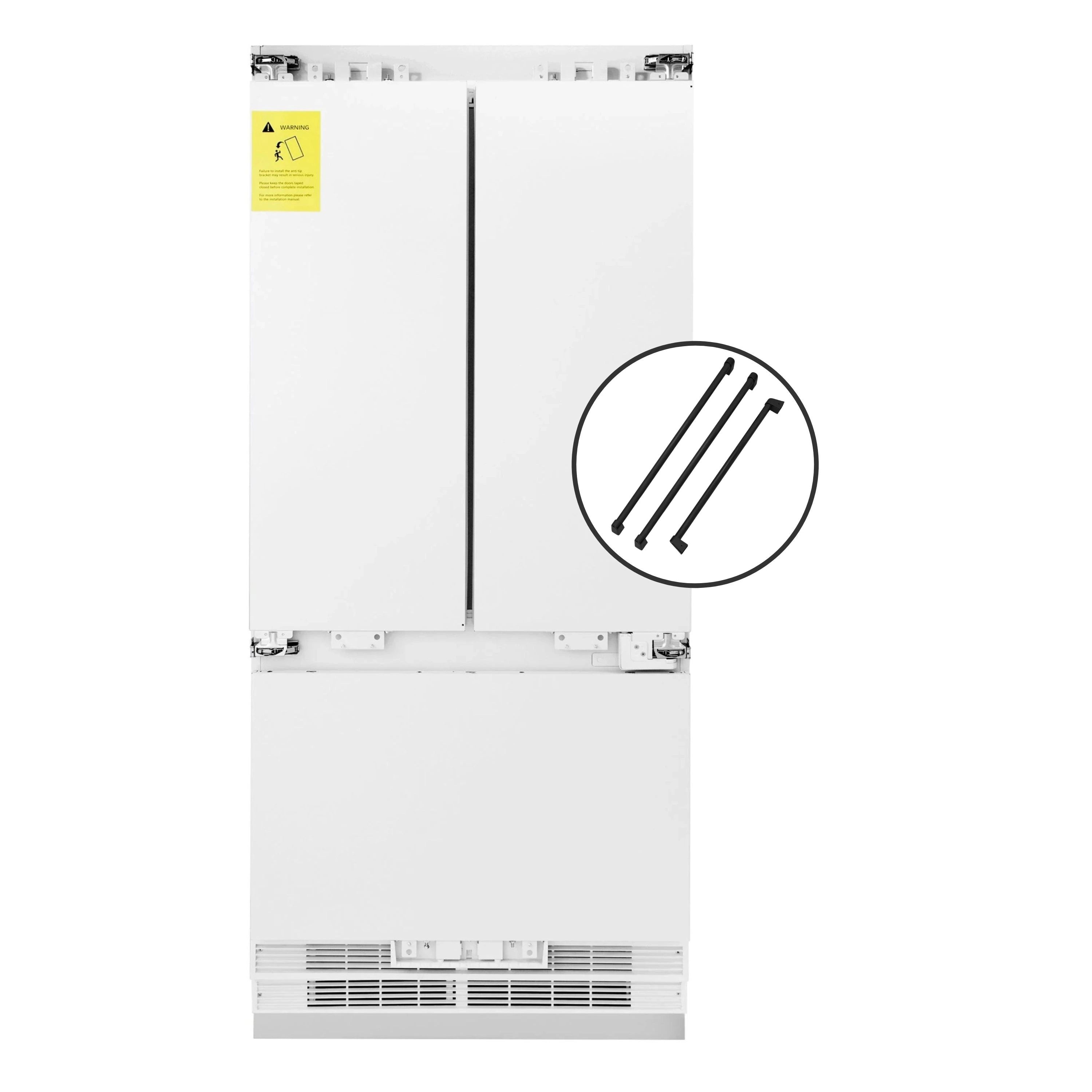 Panel-ready refrigerator front with highlighted handle installation area marked in circle