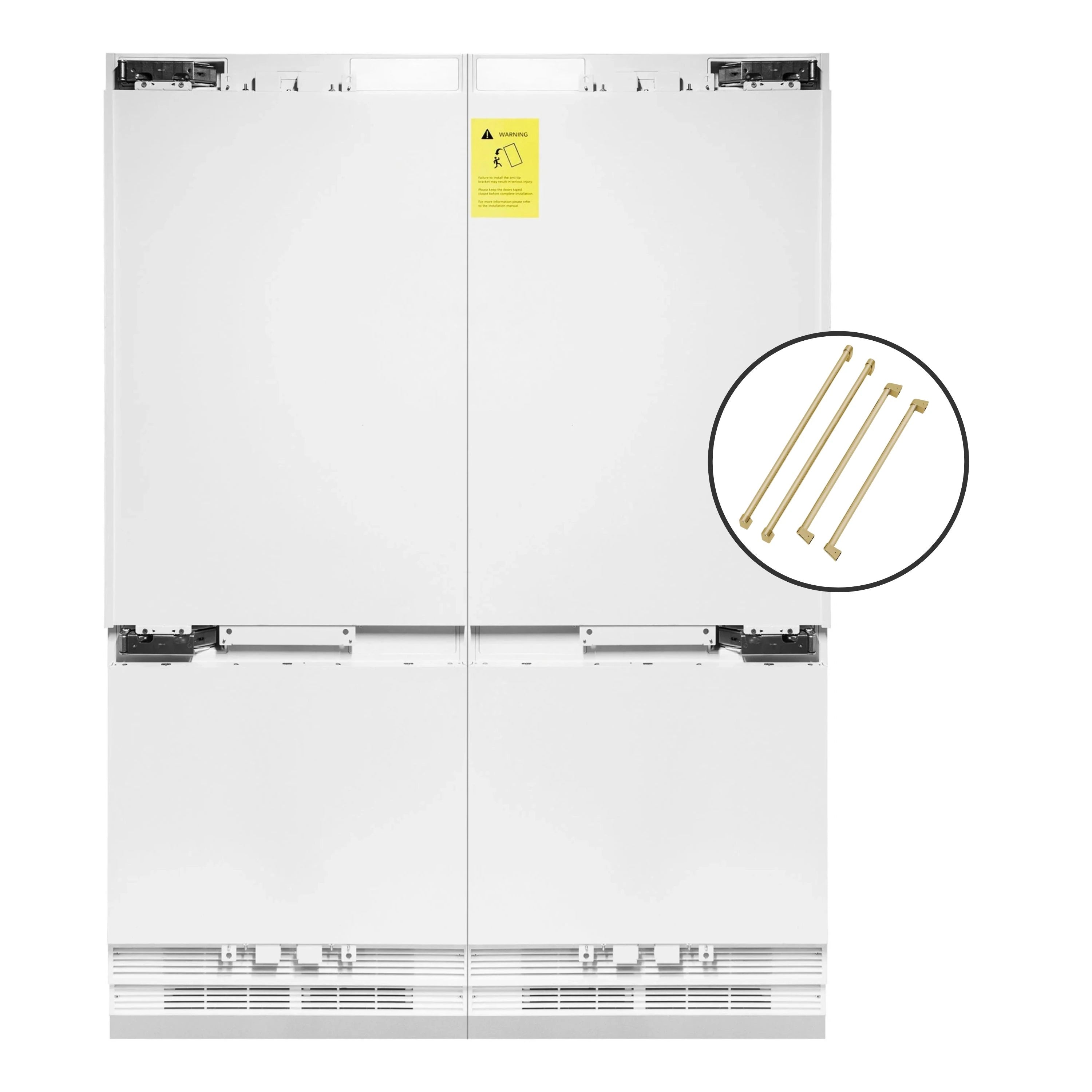 Panel-ready French door refrigerator with handle mounting positions shown