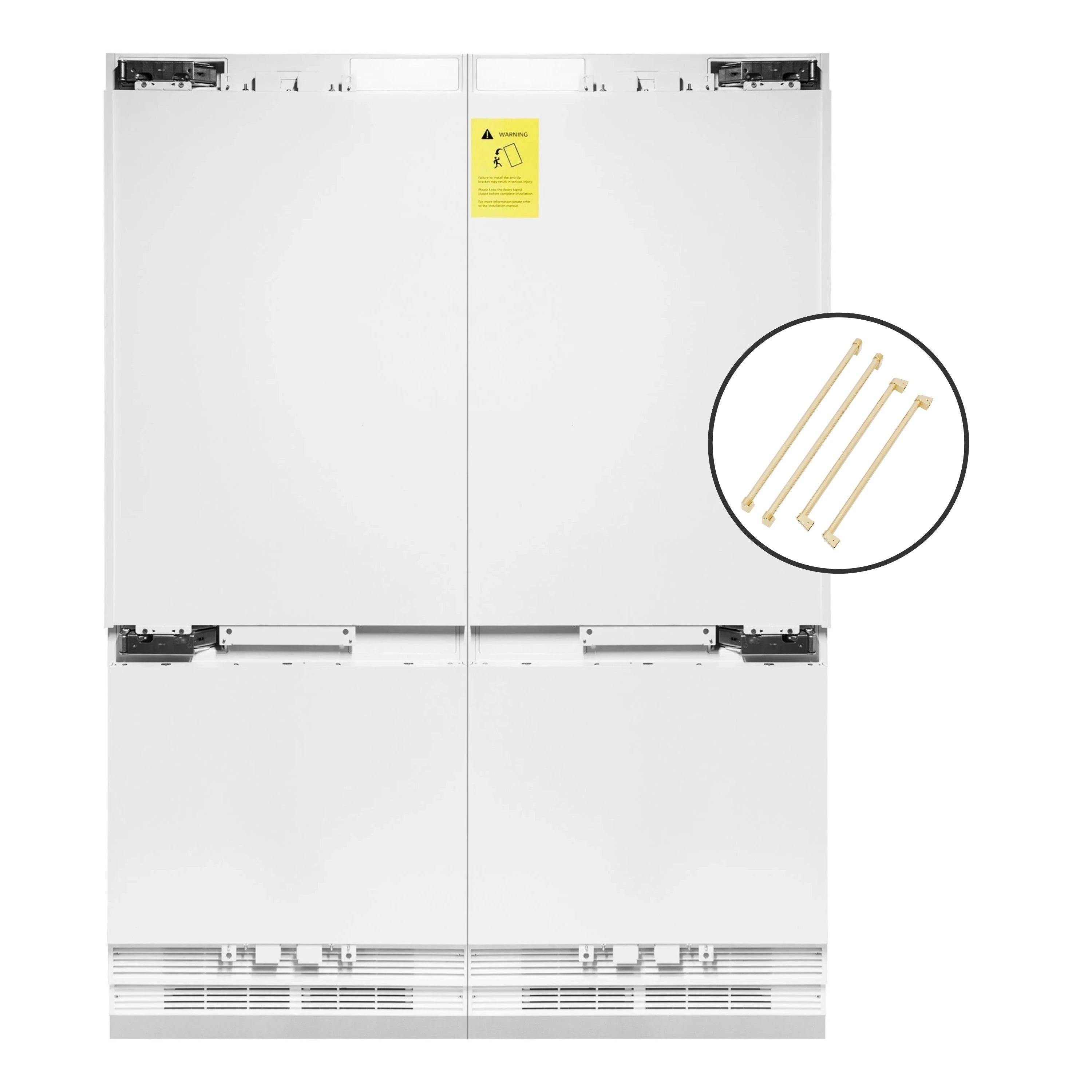 Panel-ready refrigerator doors with polished gold handle kit detail