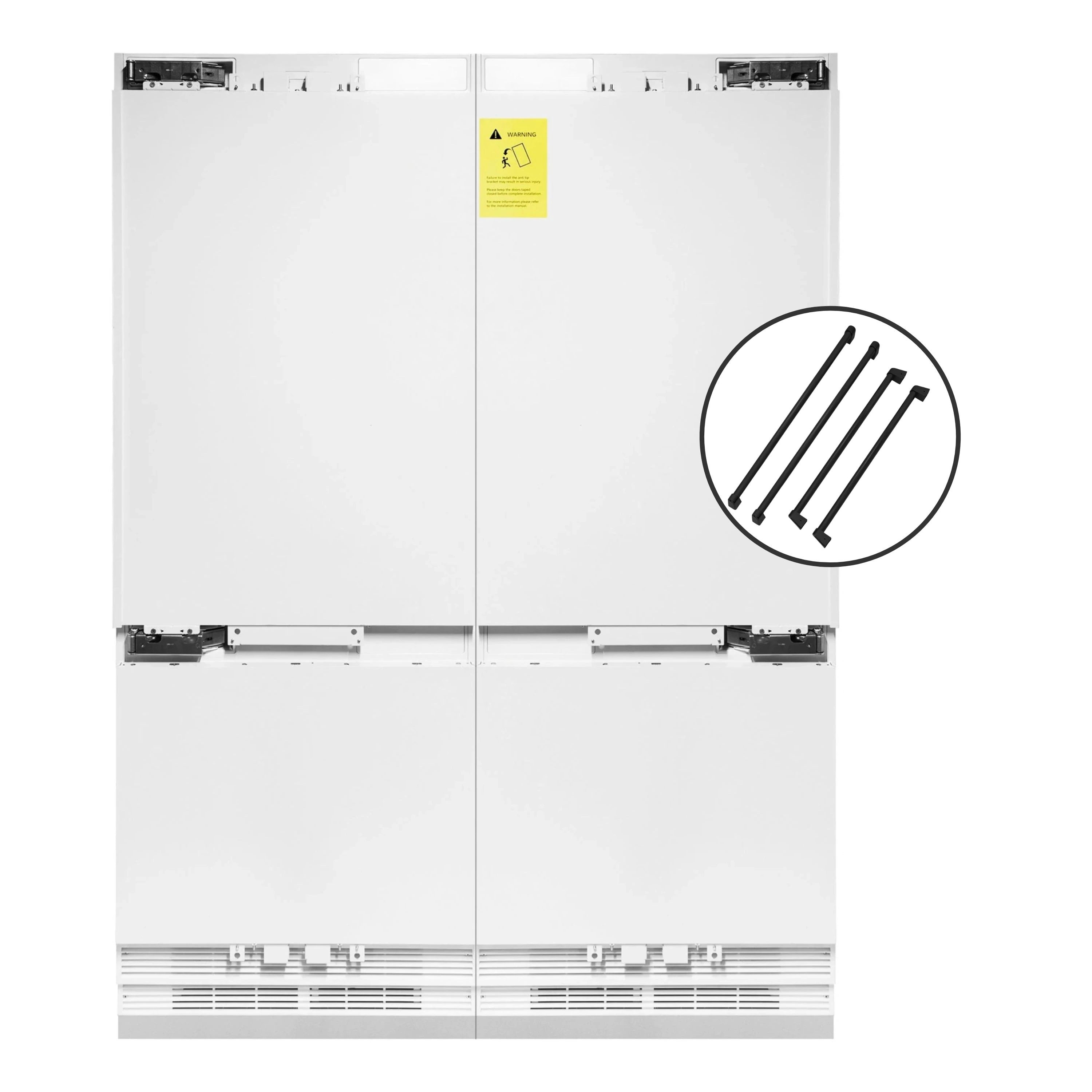 Panel-ready 4-door French door refrigerator with handle placement diagram