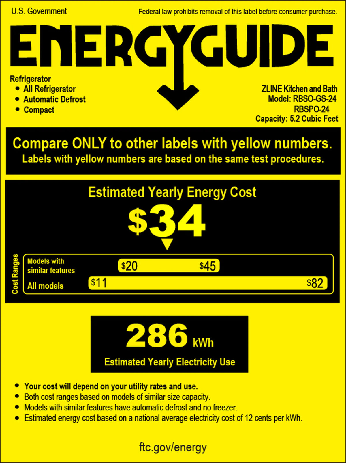 ENERGYGUIDE label for refrigerator energy cost and estimated electricity use