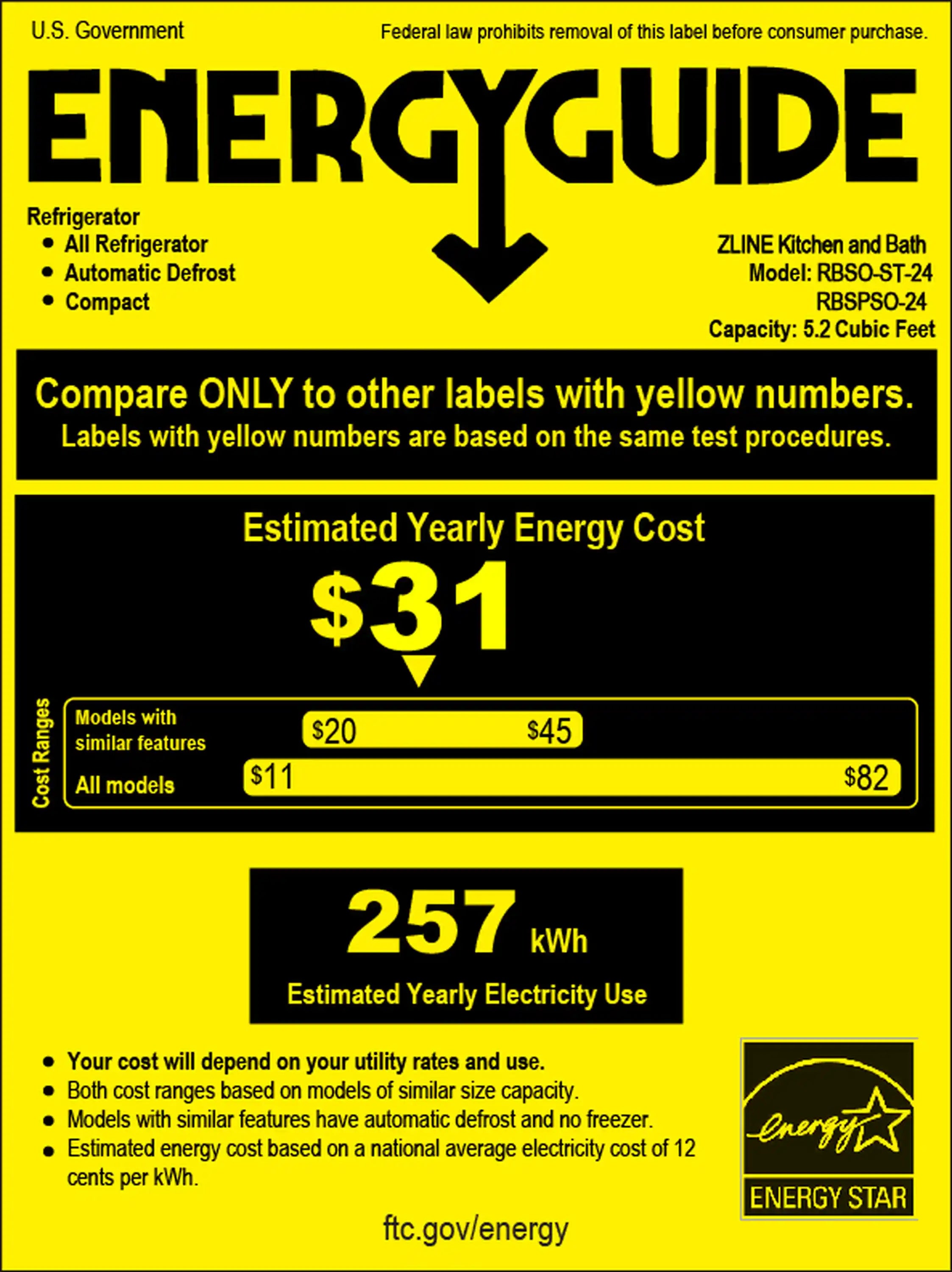 EnergyGuide label for ZLINE beverage refrigerator, $31 estimated yearly energy cost