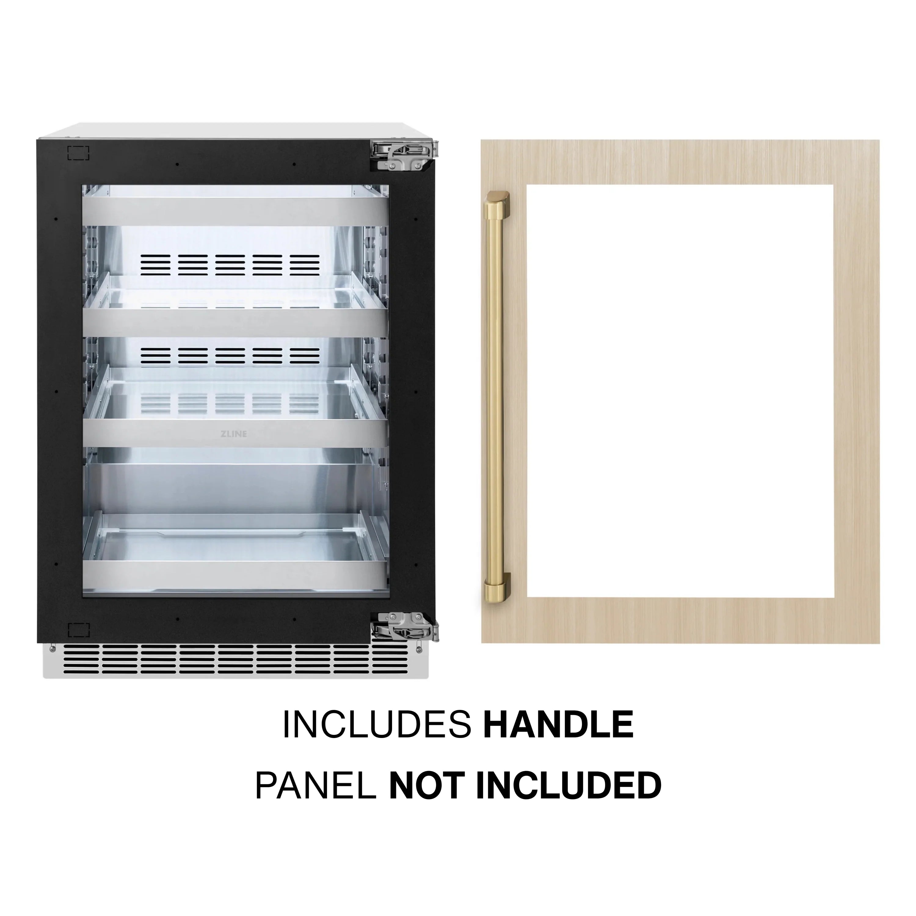 Panel-ready beverage fridge with light wood cabinet and empty door panel frame