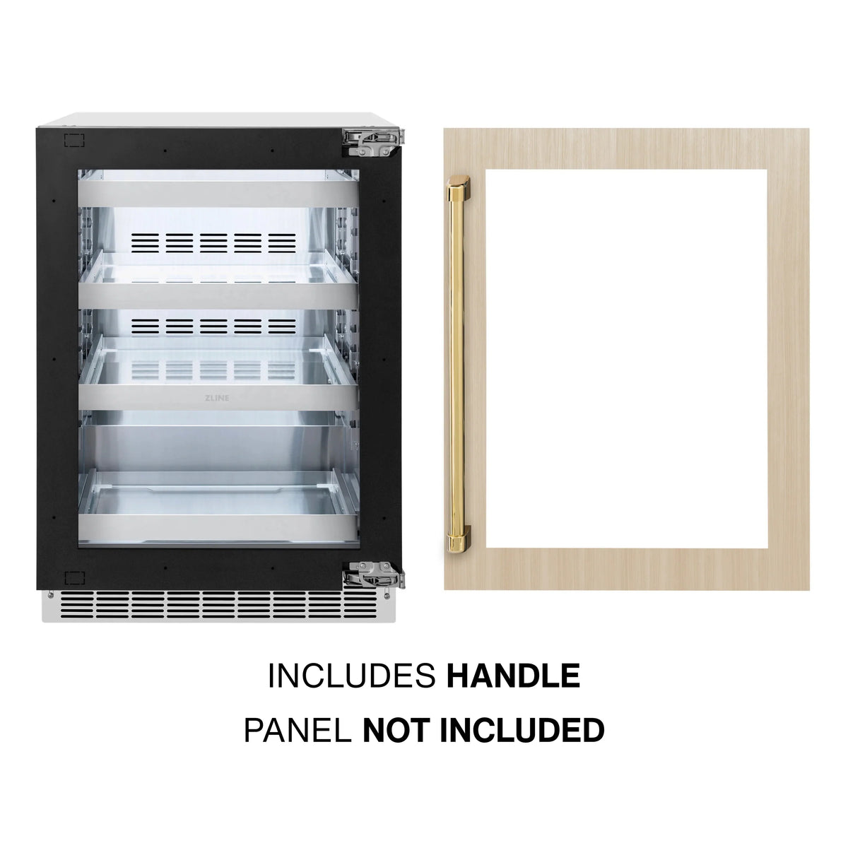 Panel-ready beverage fridge with gold handle and empty door panel, open to interior shelves
