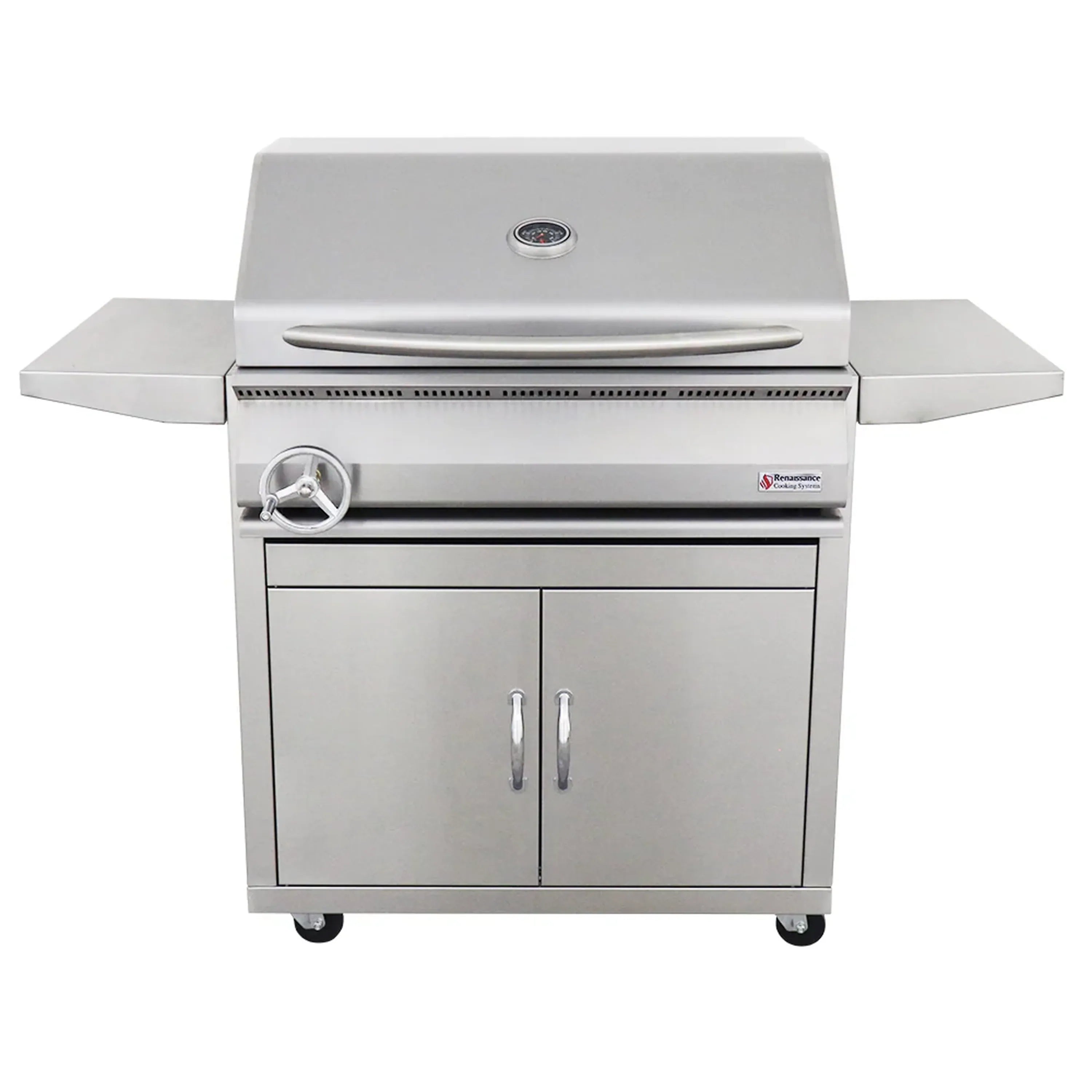 Stainless steel outdoor grill on cart with lid, control panel, and side shelves