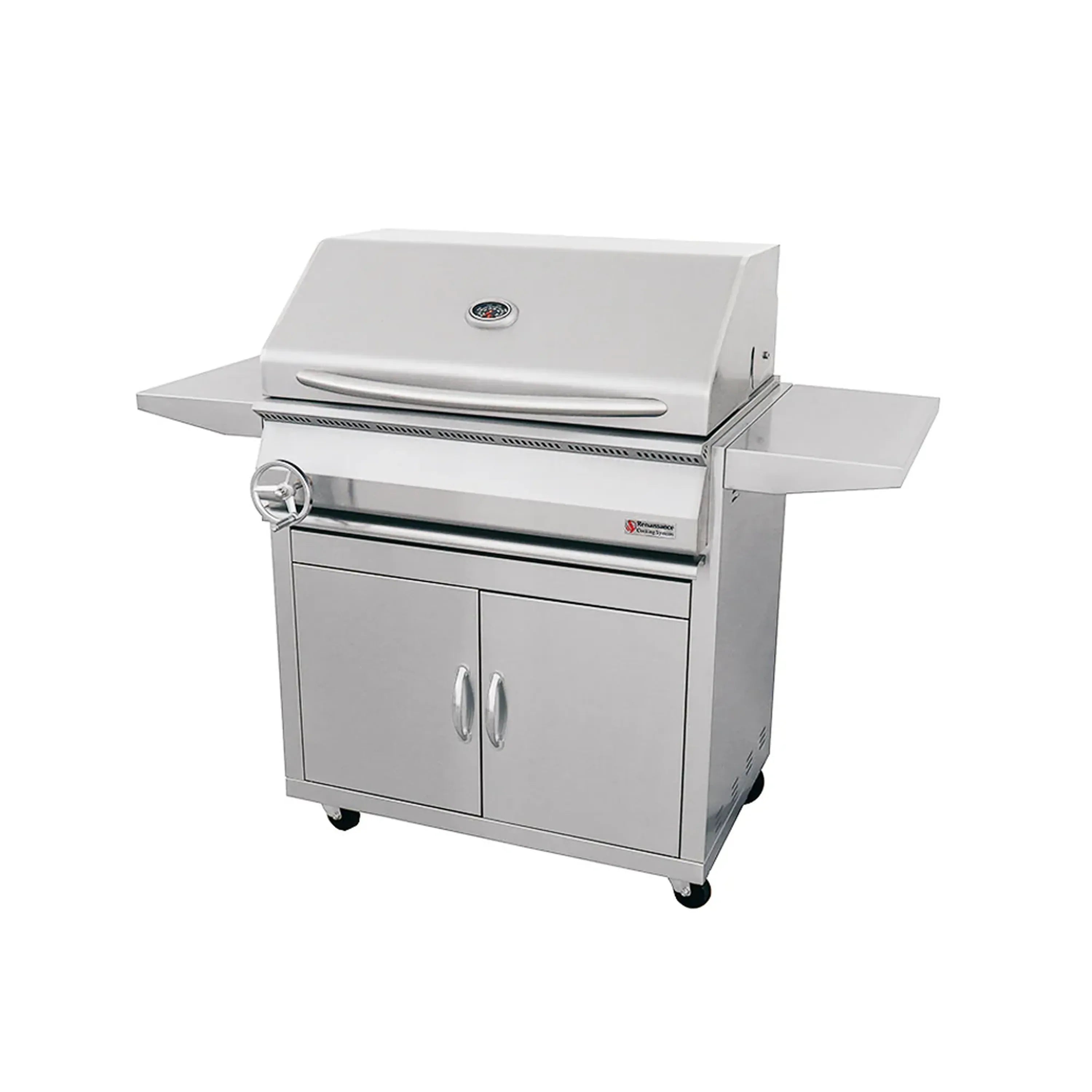 Stainless steel grill with closed lid, front control panel, and two-door cart base