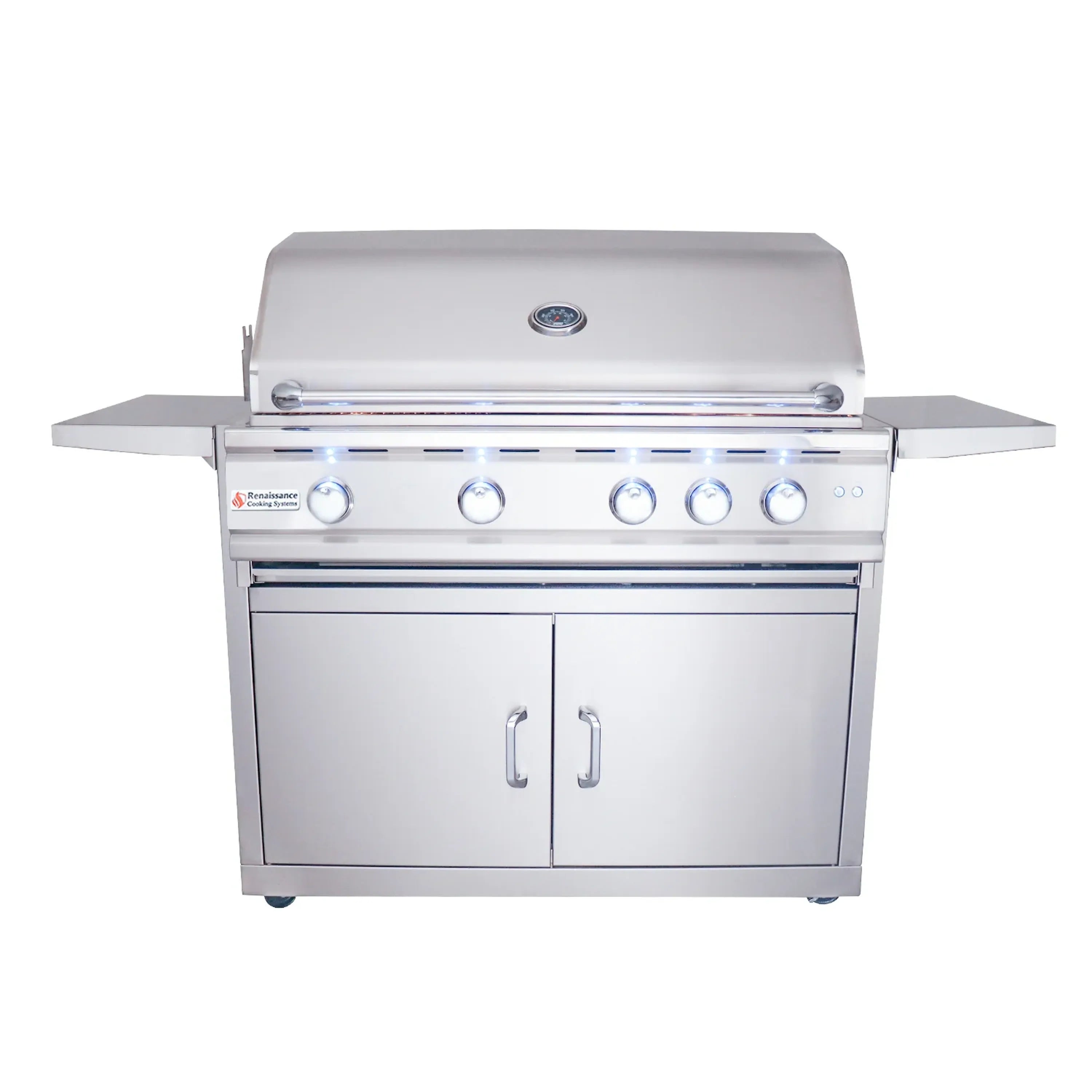 Stainless steel gas grill with two cabinet doors and four front control knobs