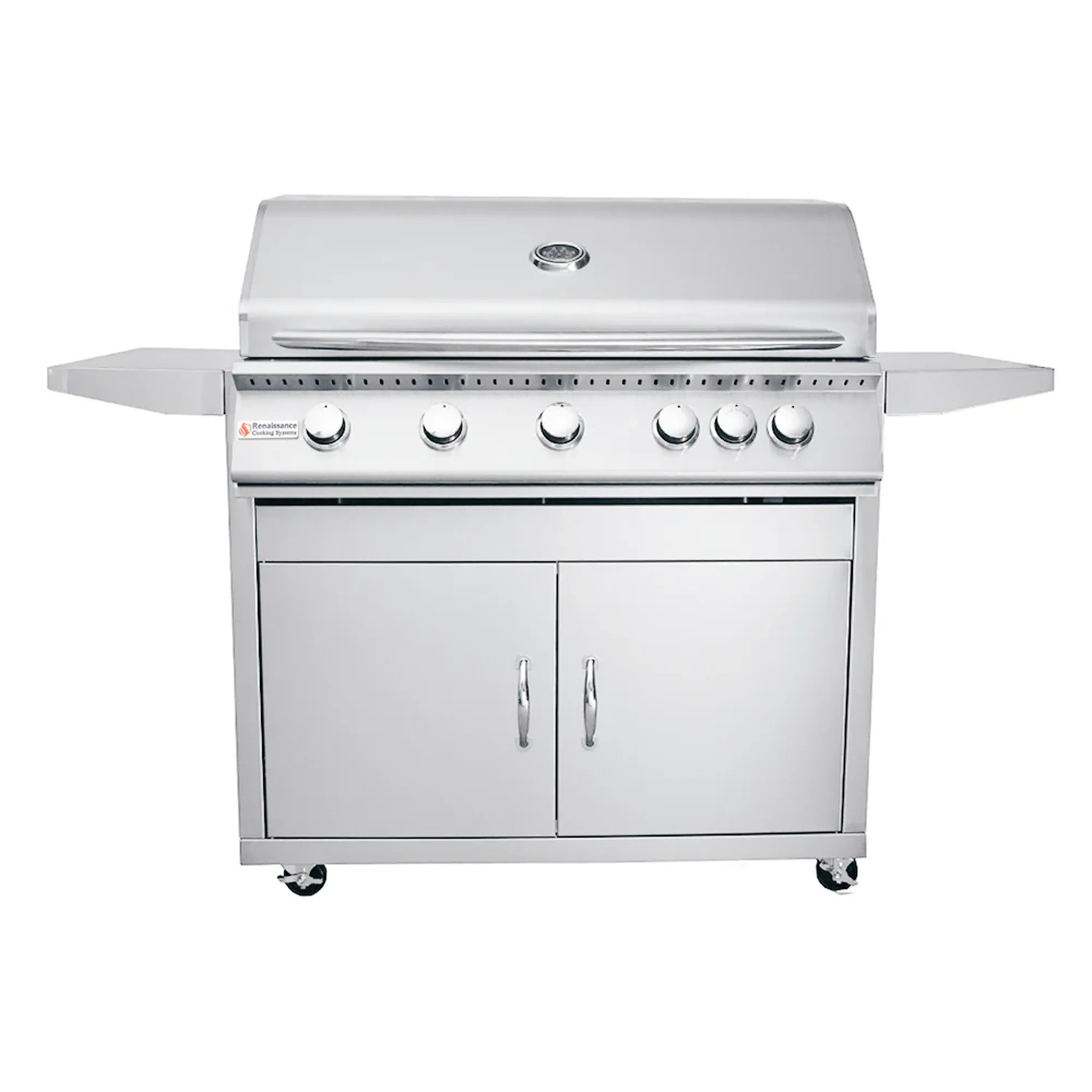 White propane gas grill with lid and stainless burner panel, front knobs, and cart cabinet doors