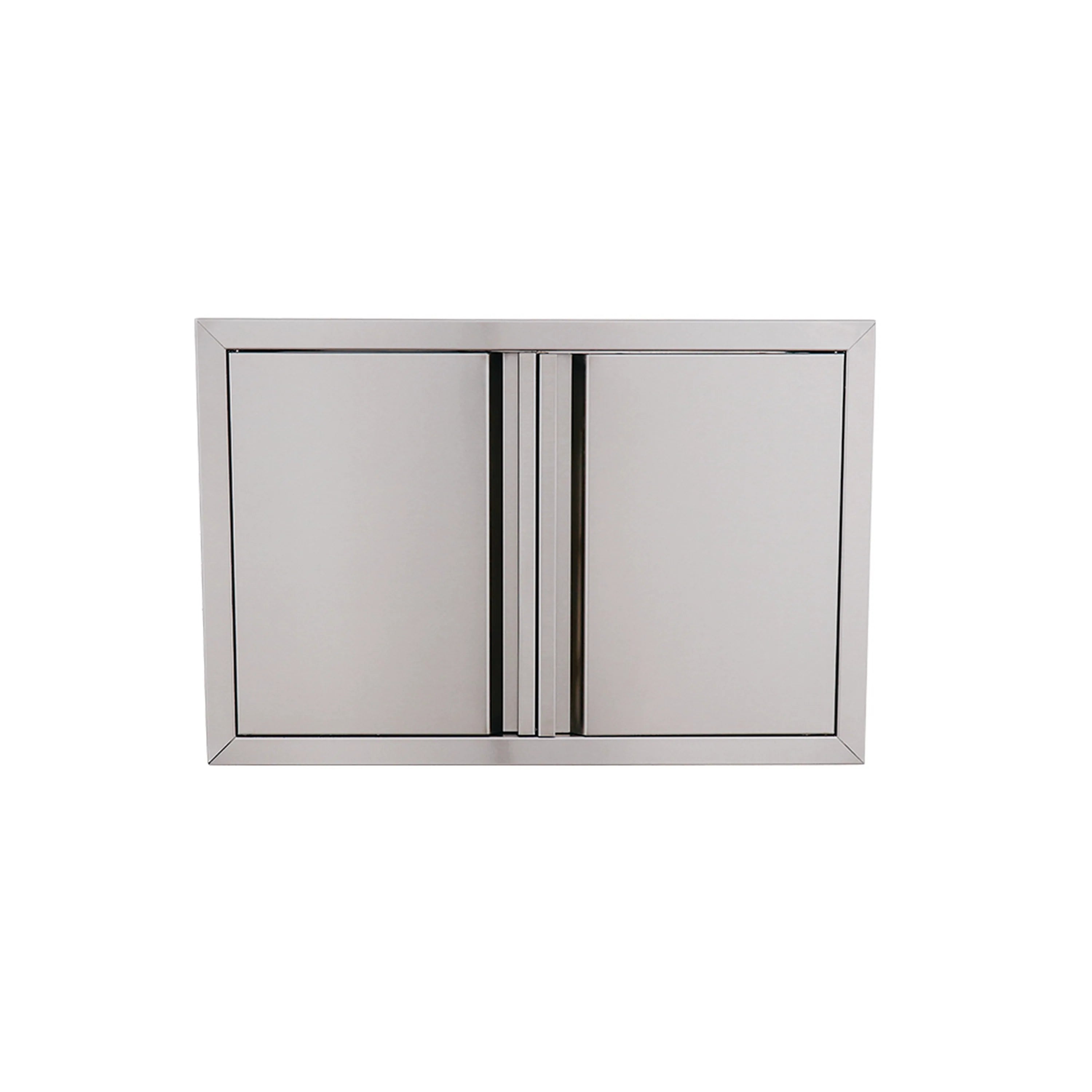 Stainless steel fully enclosed dry pantry cabinet with double doors and central divider