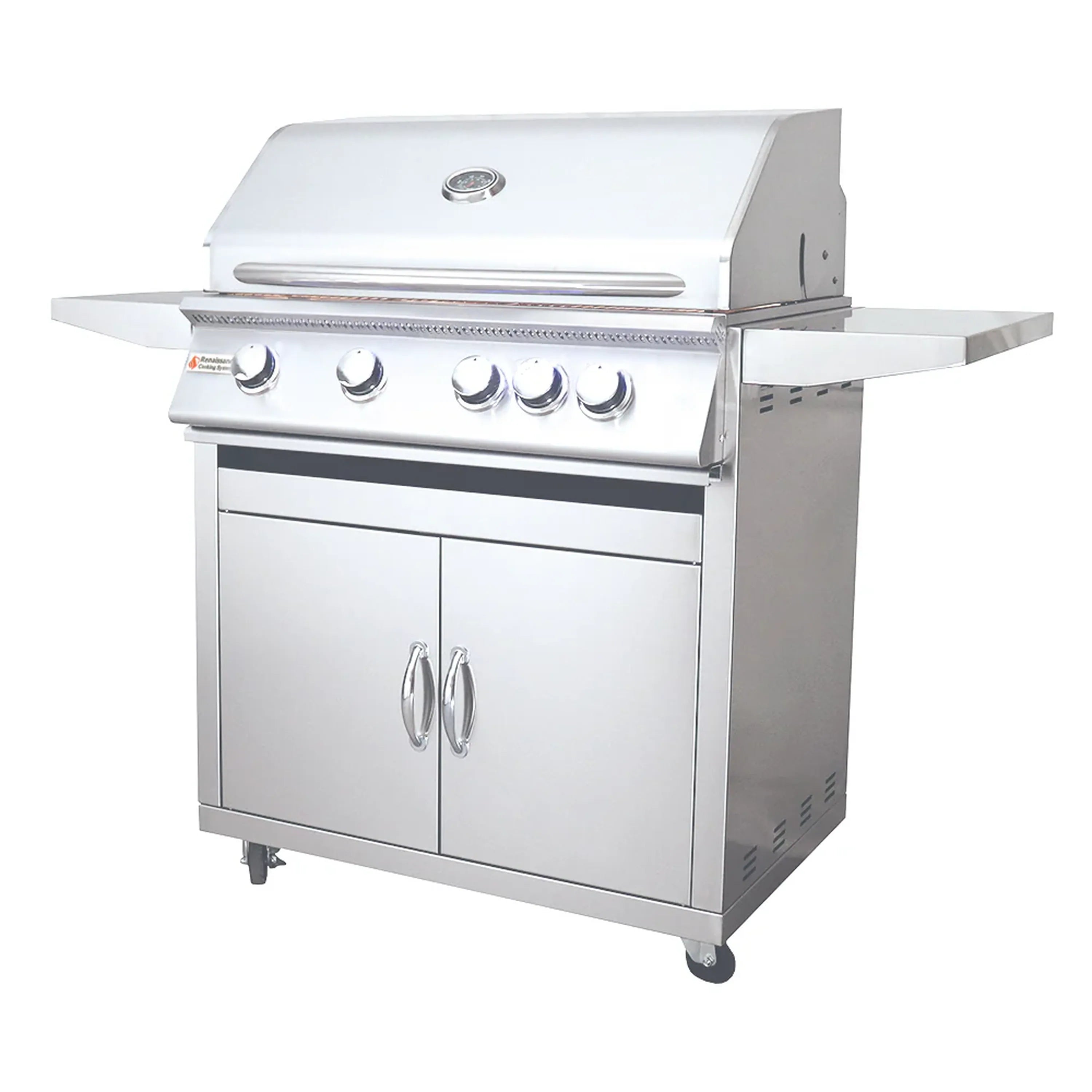 Propane gas grill with side shelf and front doors on wheeled cart, stainless steel