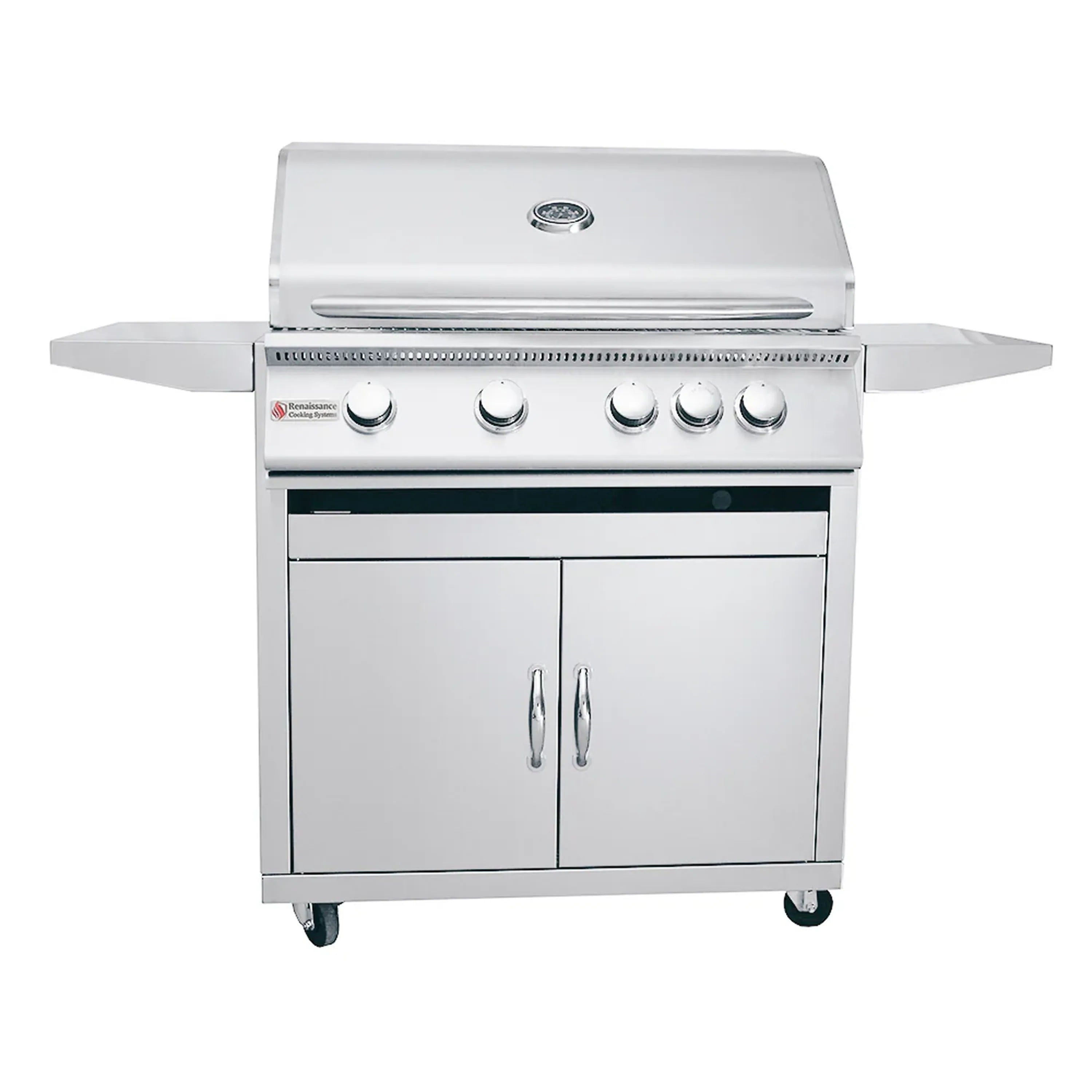 Propane gas grill with side shelves and front cabinet doors, stainless steel
