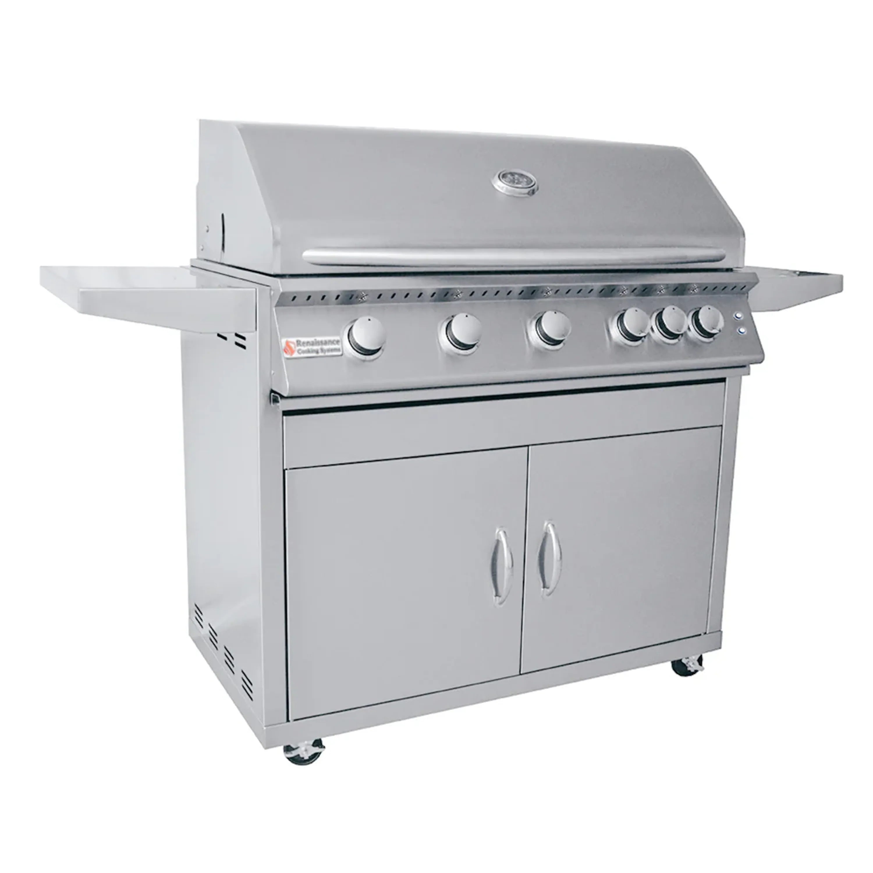 Gas grill on cart with side shelves, front control knobs, and two cabinet doors