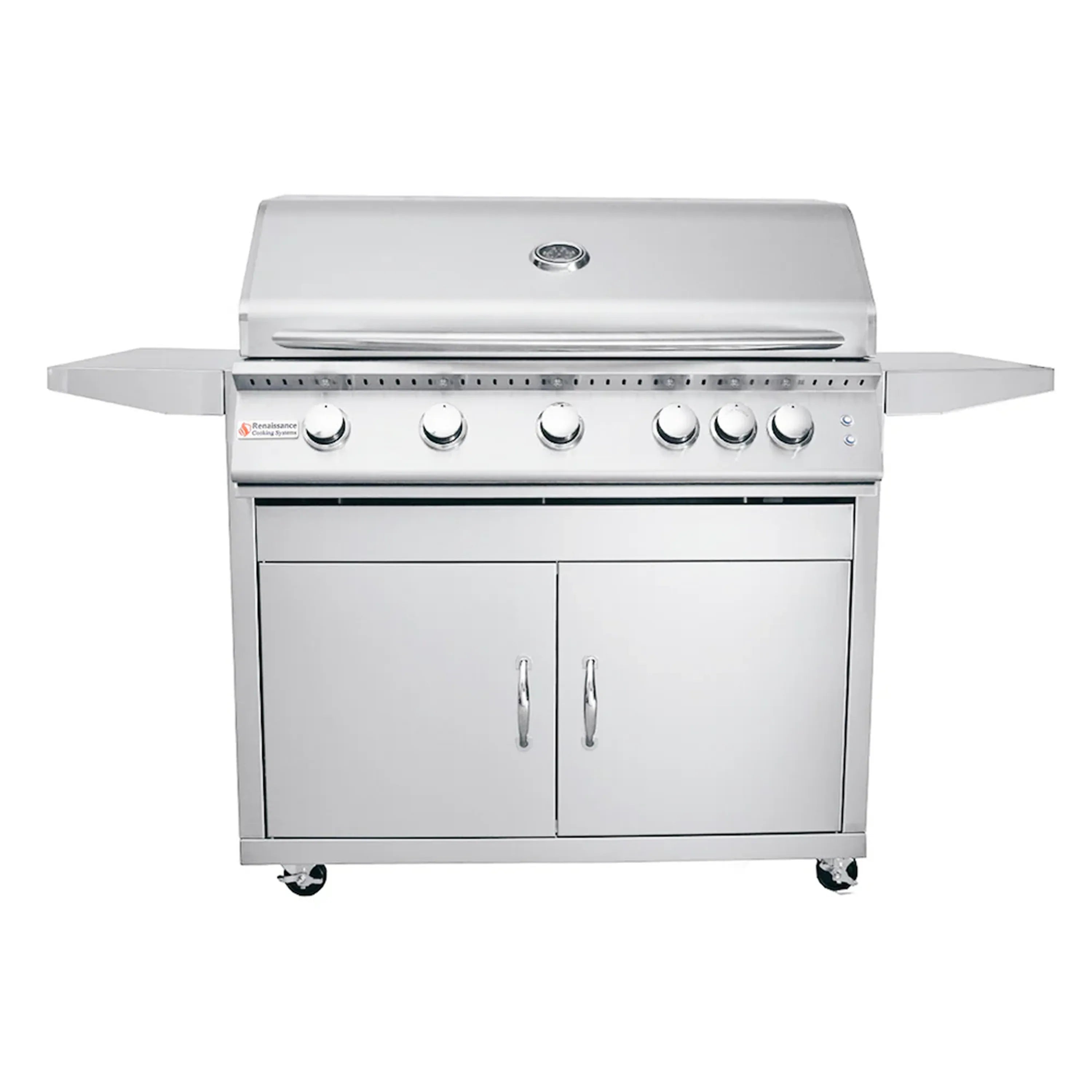 Gas grill on wheeled cart with side shelves, control knobs, and dual cabinet doors